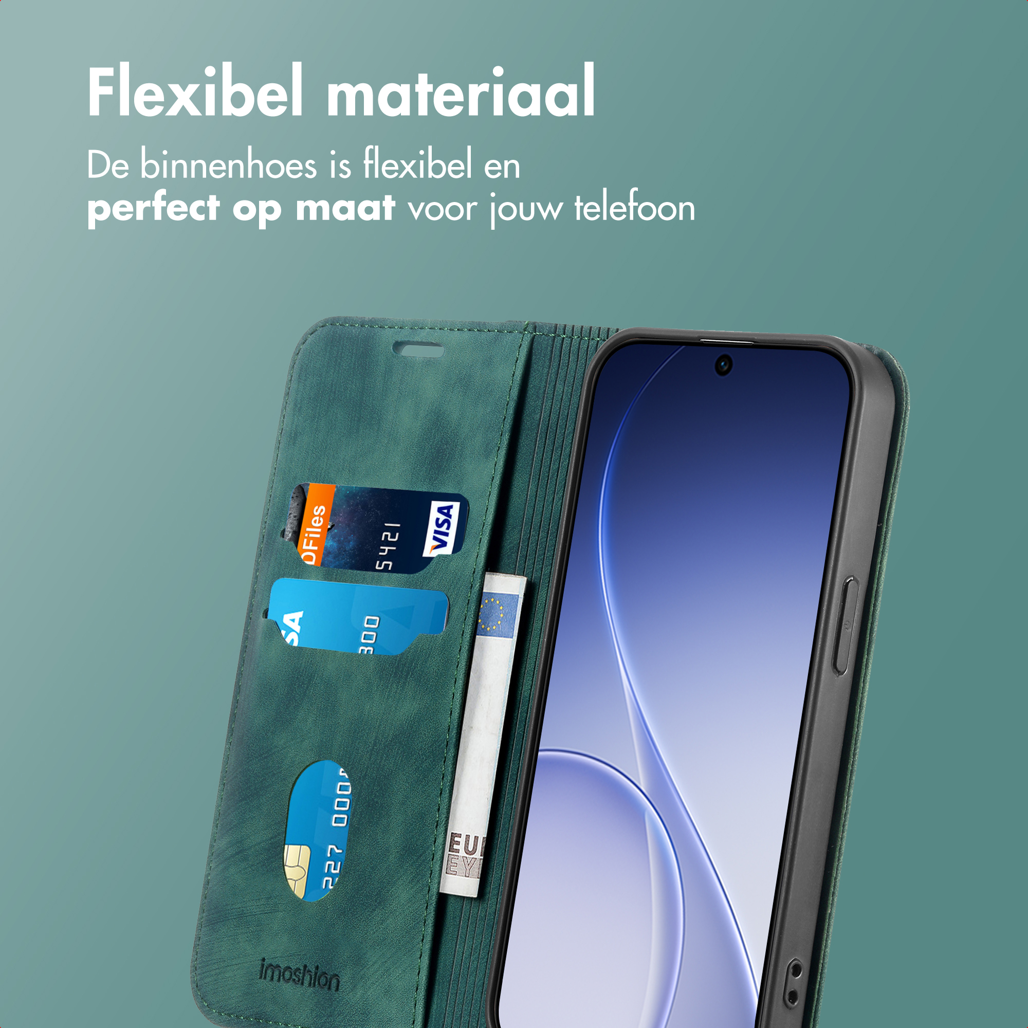 Custodia per telefono verde con porta carte e banconote.