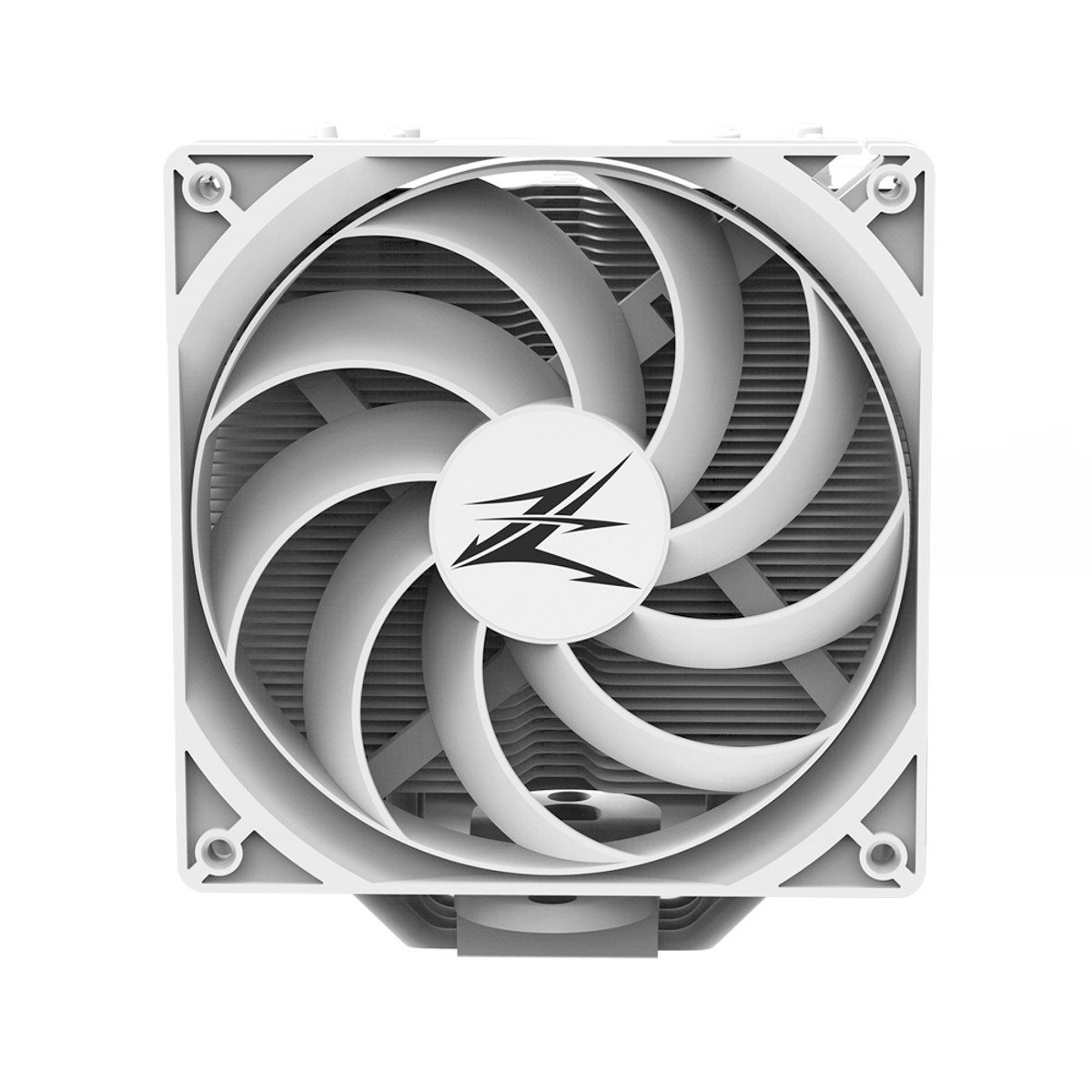 White CPU cooler with fan and black logo on a white background.