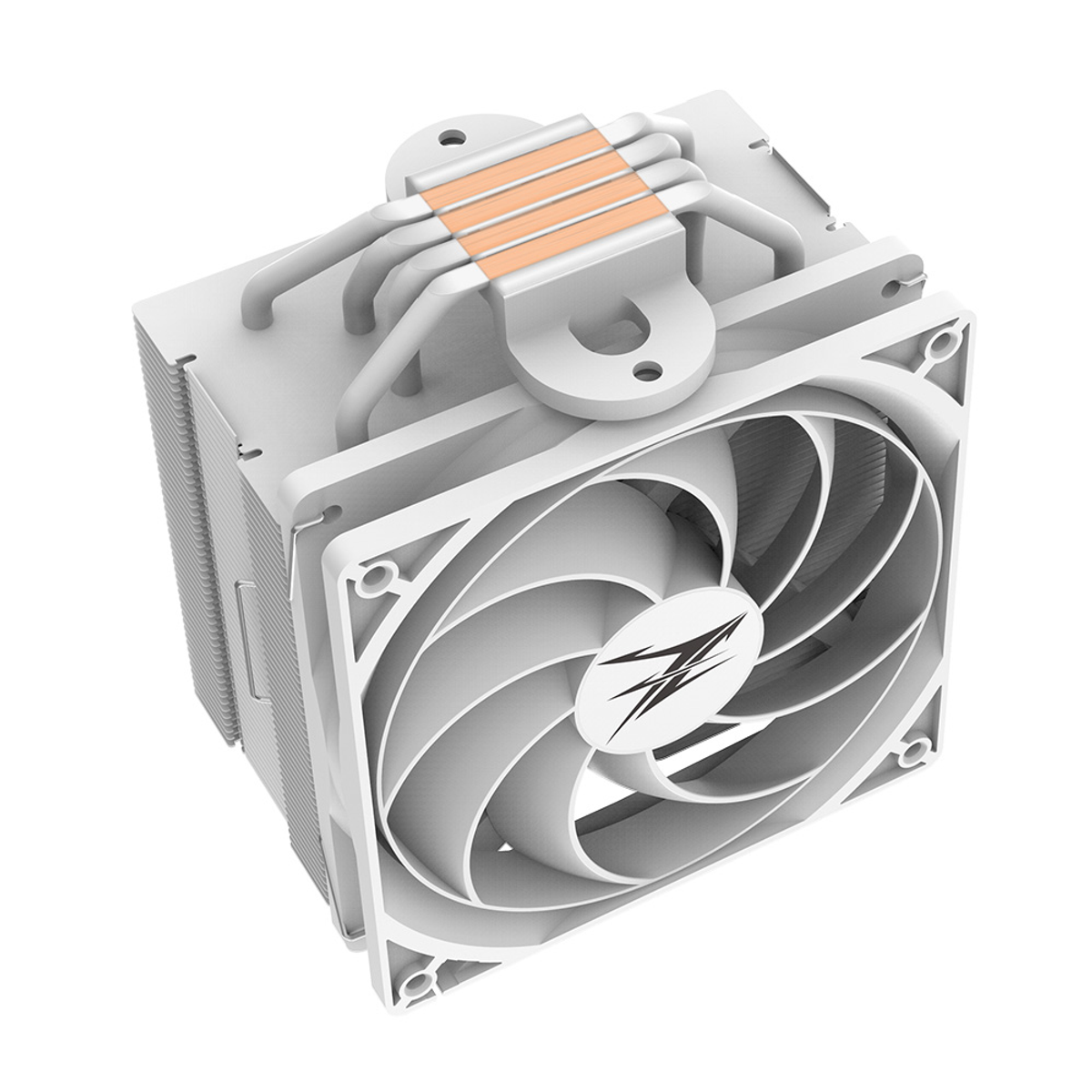 A white CPU cooler with copper heat pipes and a fan with a logo.