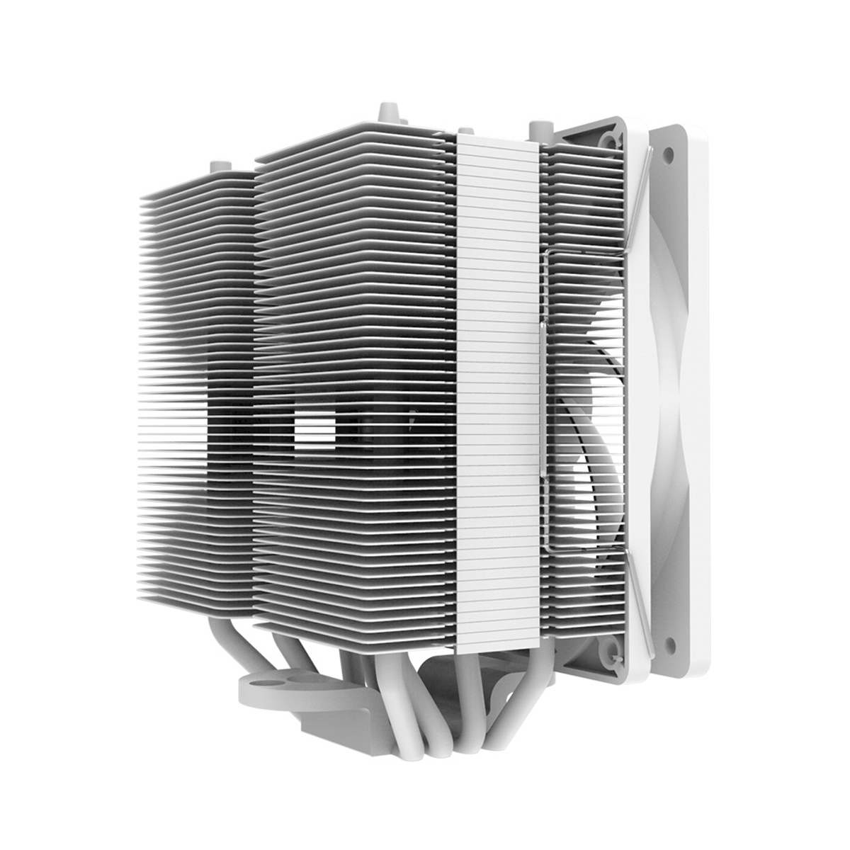 A white CPU cooler with dual aluminum heatsinks and a fan.