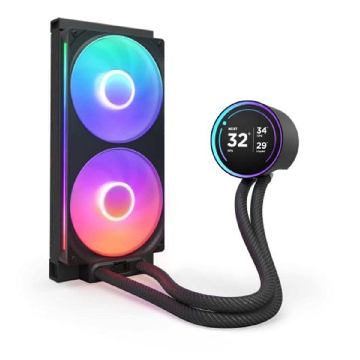 Black computer liquid cooler with two RGB fans and a circular pump display.