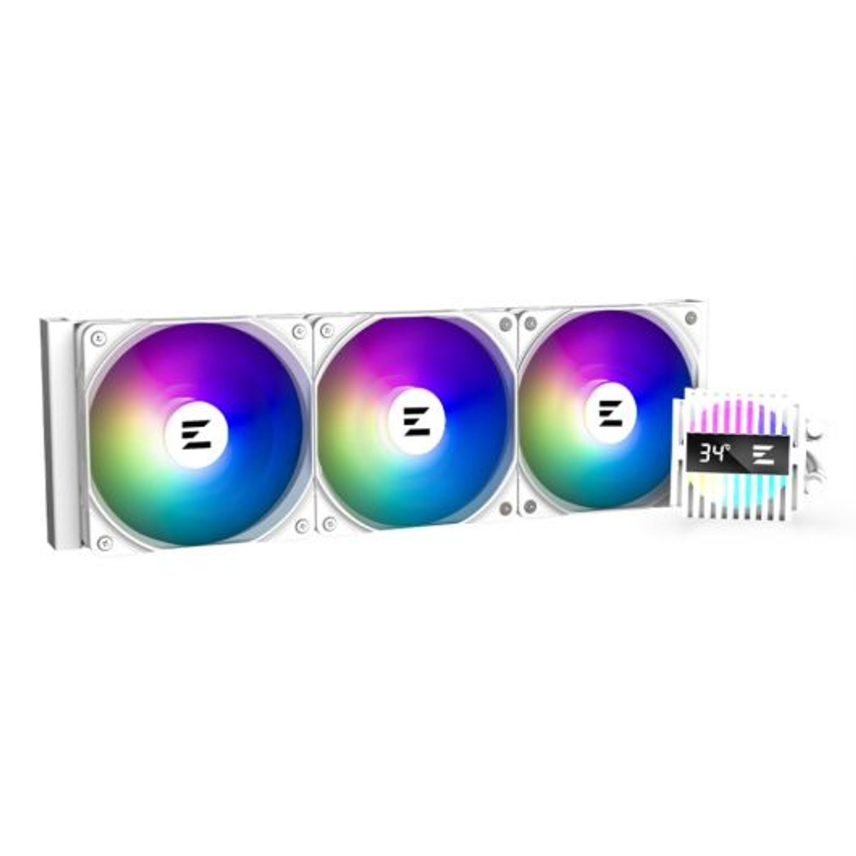 Tres ventiladores blancos con iluminación RGB y una pequeña pantalla mostrando 34 grados.