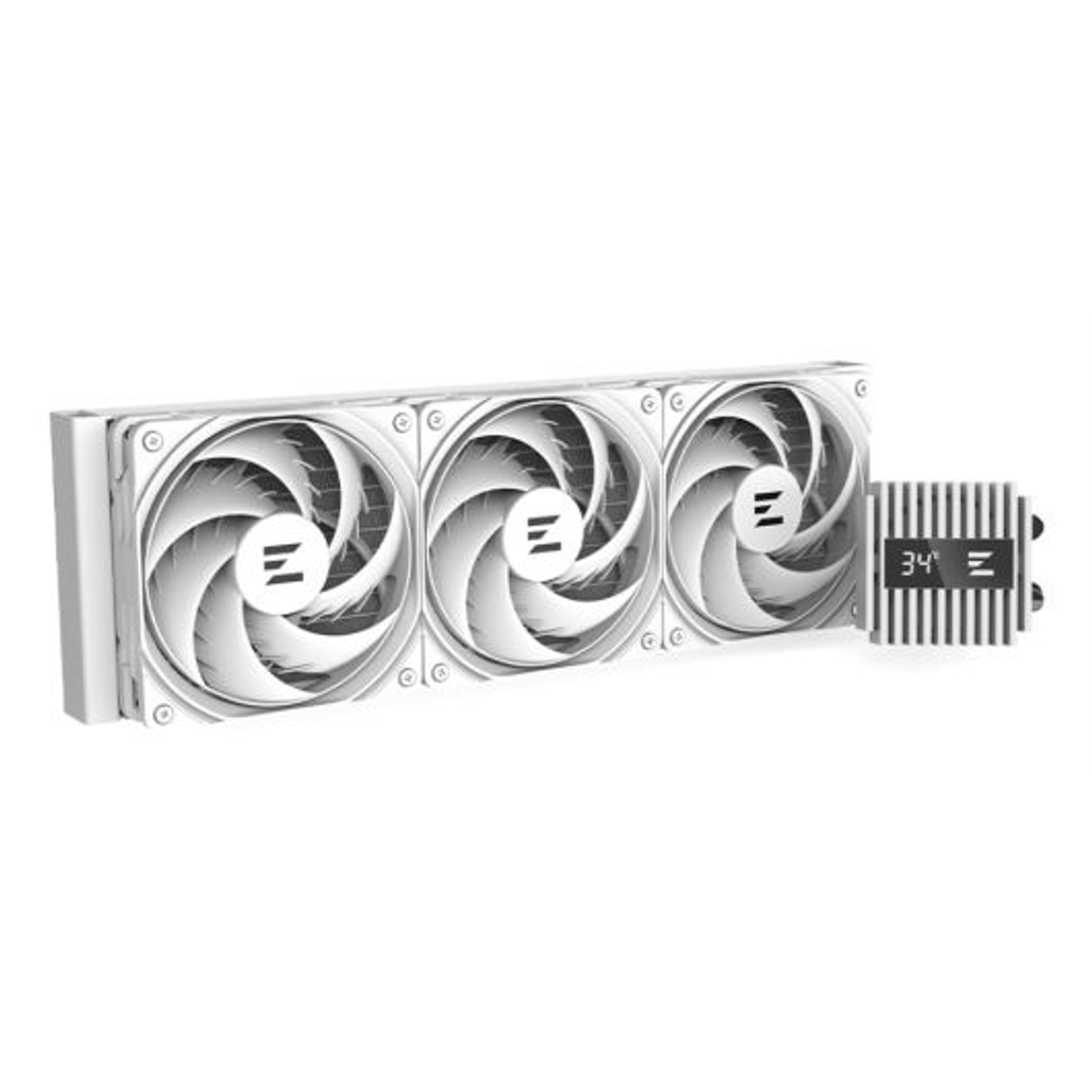 Un enfriador de CPU blanco con tres ventiladores y una pequeña unidad de visualización.