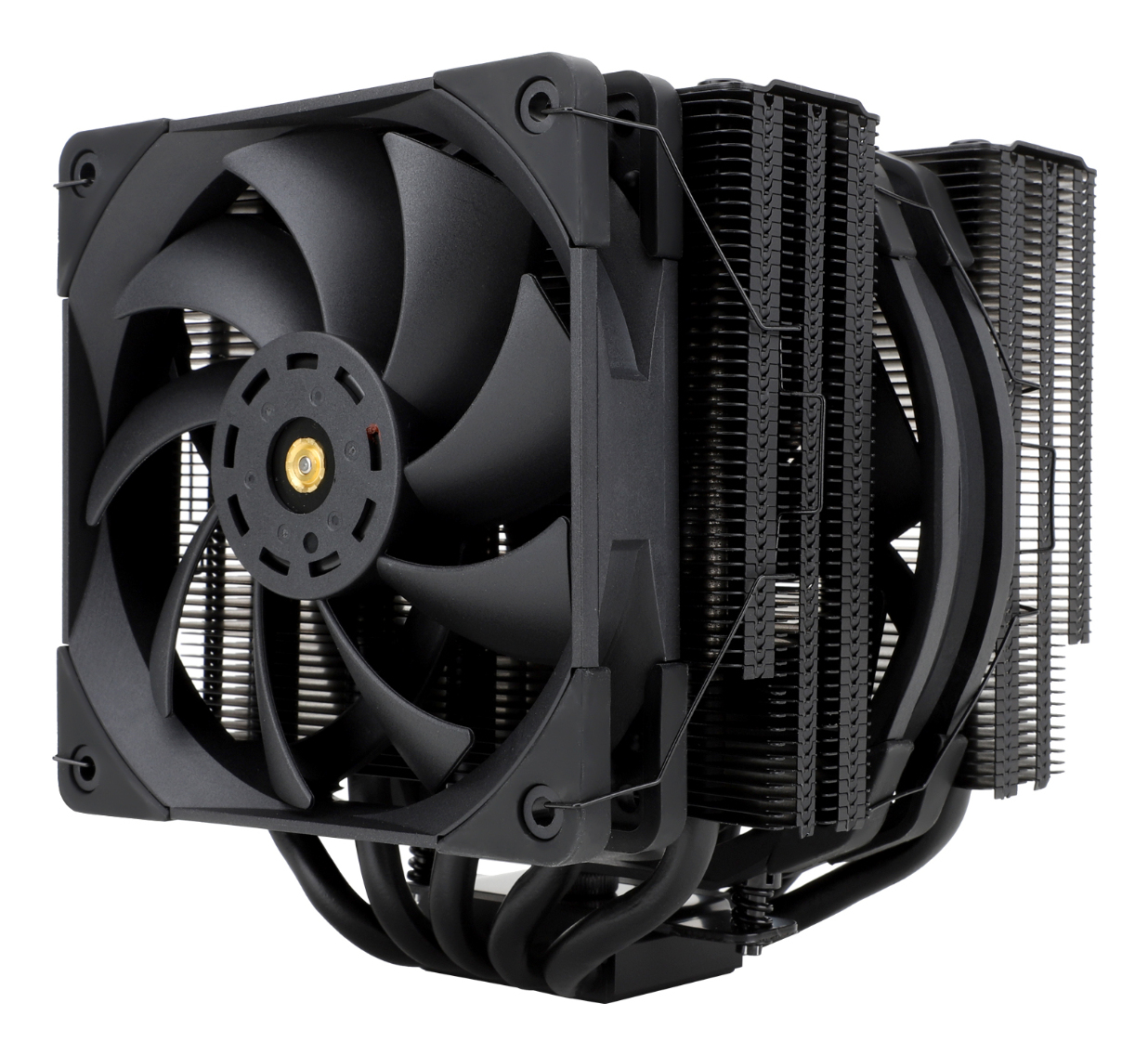 Un refroidisseur CPU noir avec deux ventilateurs et dissipateurs.