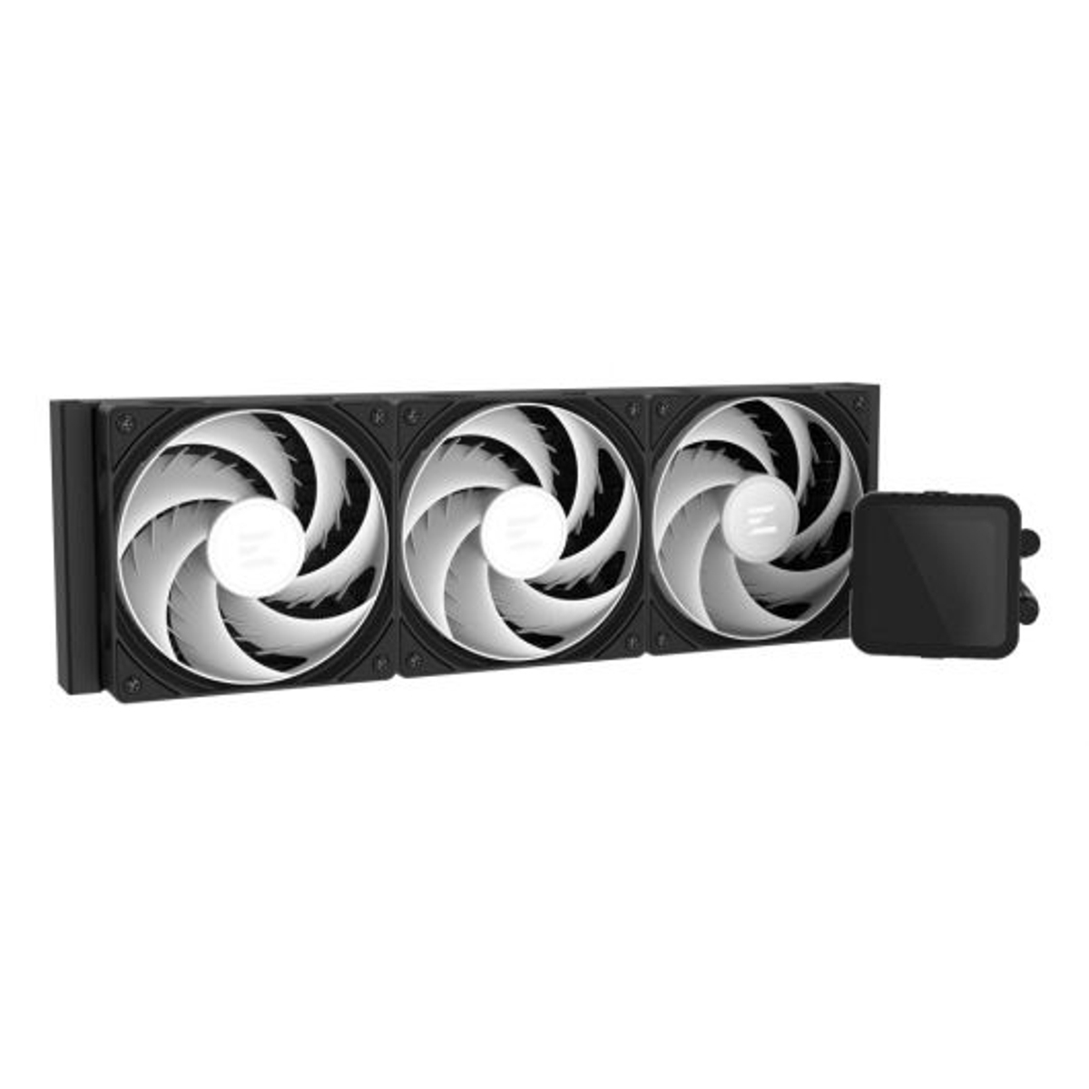 Un radiatore nero con tre ventole bianche e una piccola unità di controllo nera.