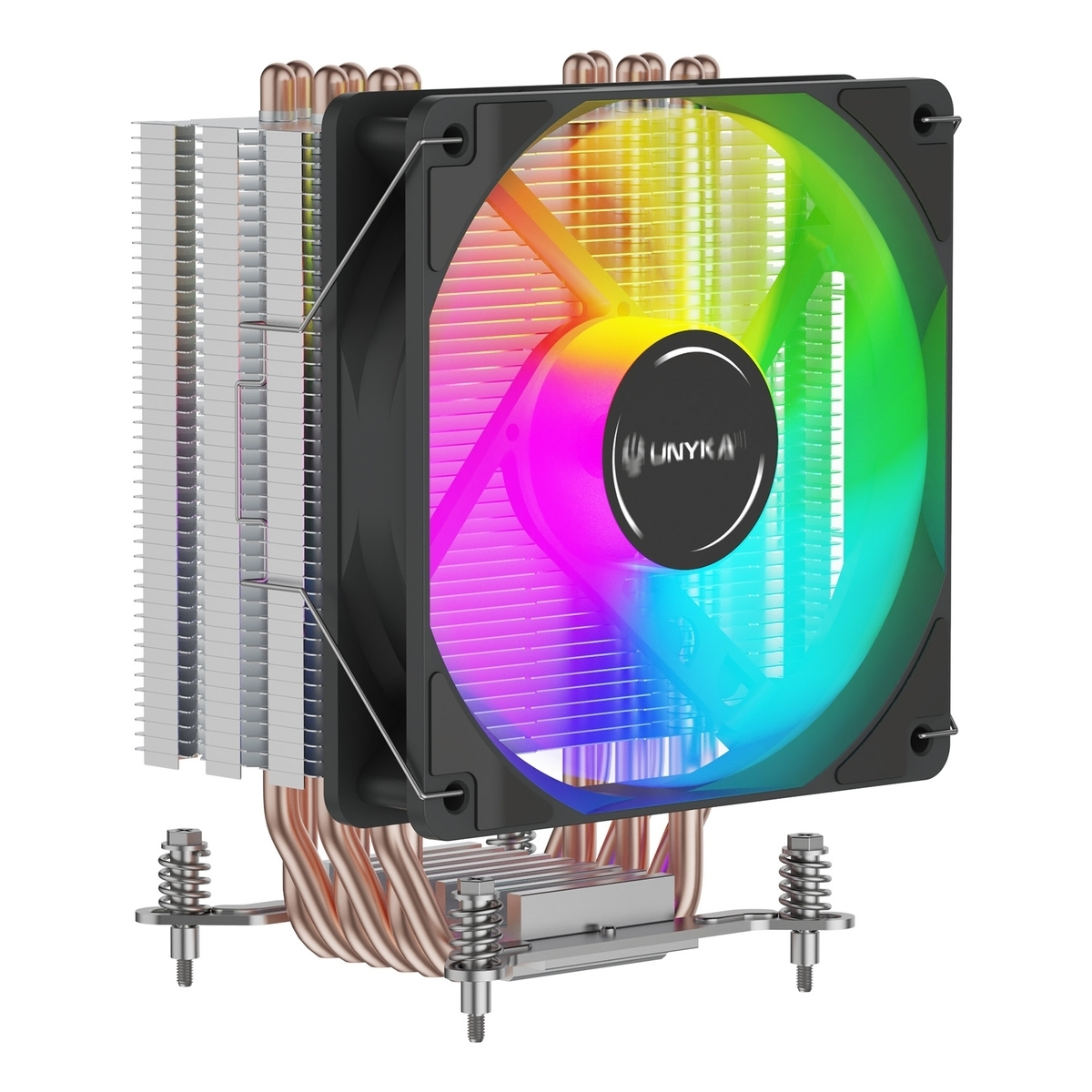 Un disipador de CPU con ventilador, tubos de cobre y aletas de aluminio.