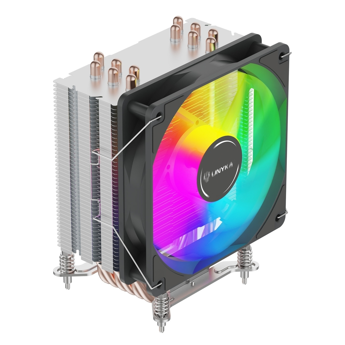 Un enfriador de CPU con aletas de aluminio, tubos de calor de cobre y un ventilador RGB.