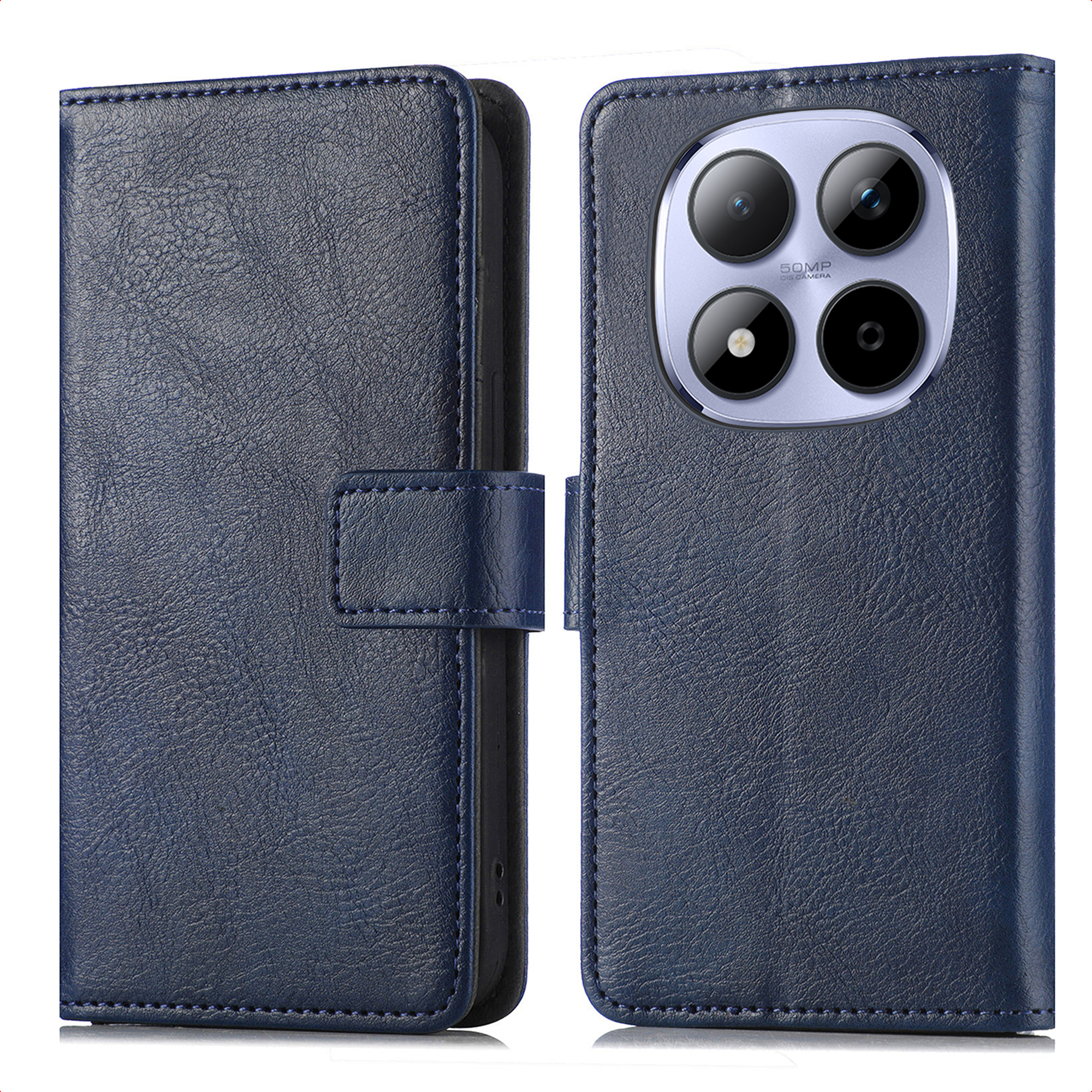 Étui de téléphone en cuir bleu foncé avec configuration quadruple caméra.