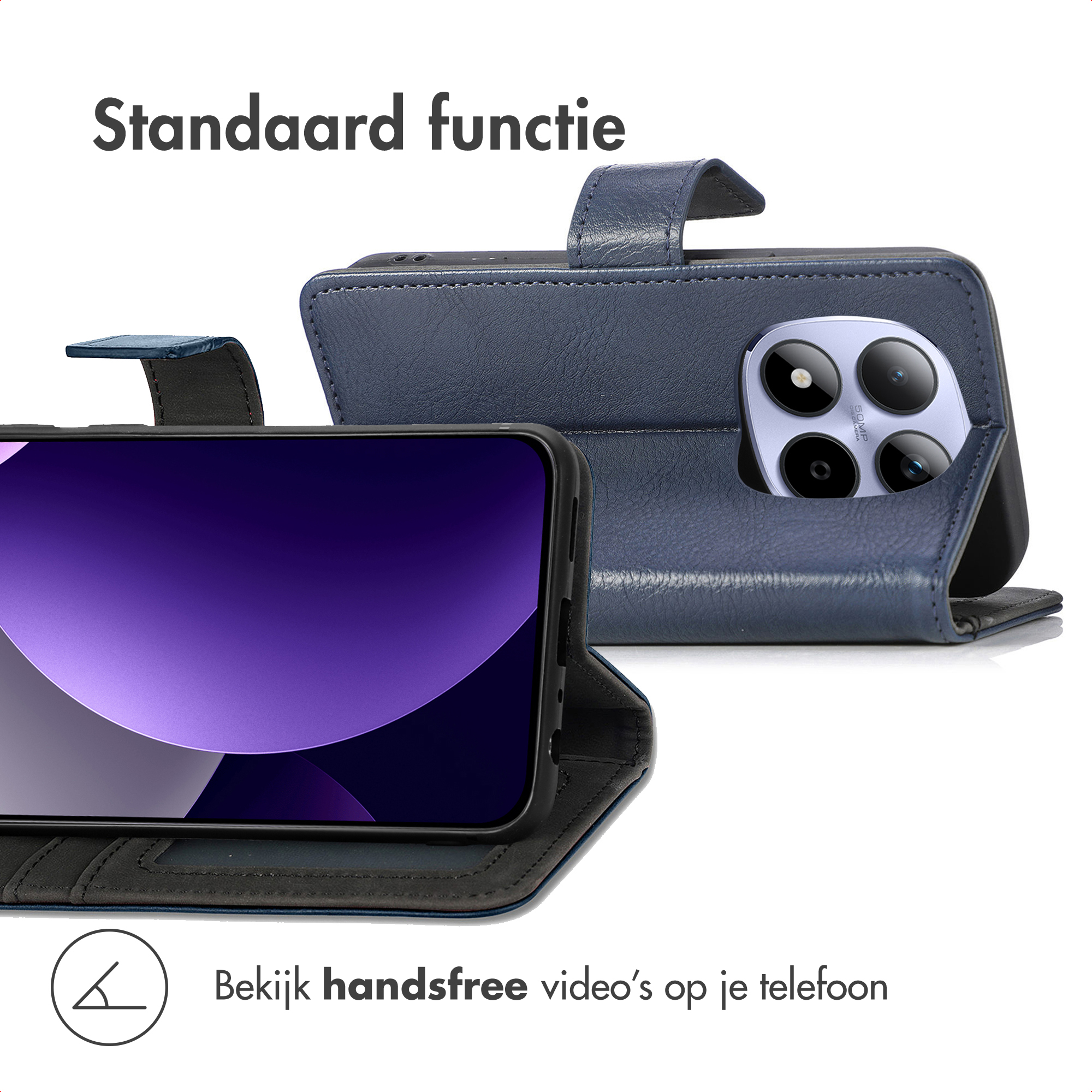 Un étui de téléphone en cuir bleu avec un téléphone ouvert et un module caméra.