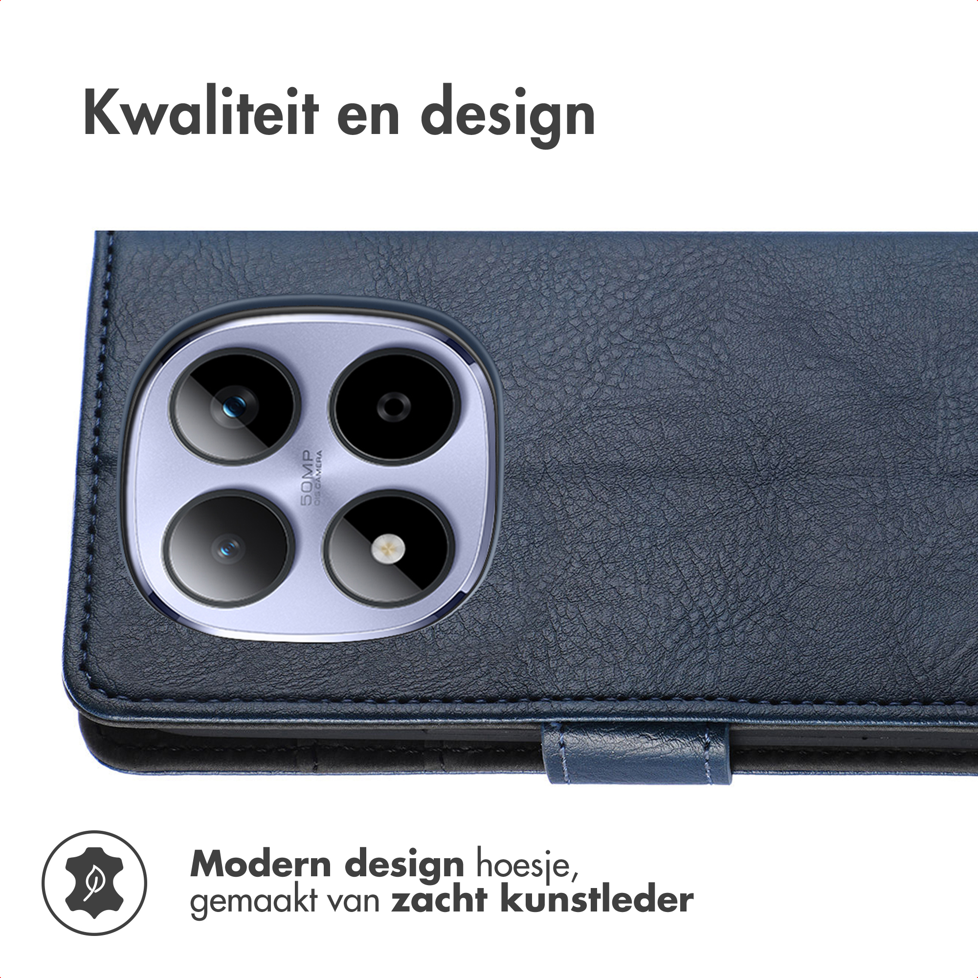 Coque de téléphone en similicuir bleu foncé avec module caméra 50MP.