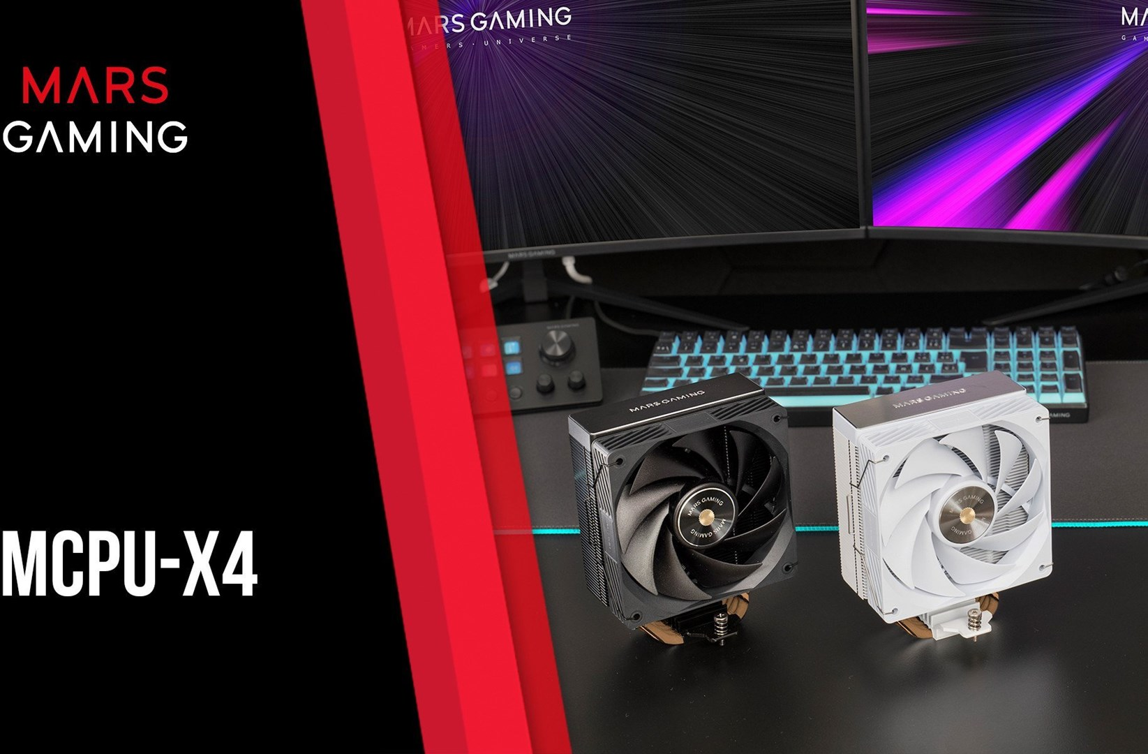 Dos refrigeradores de CPU, negro y blanco, en un escritorio con teclado y monitores.