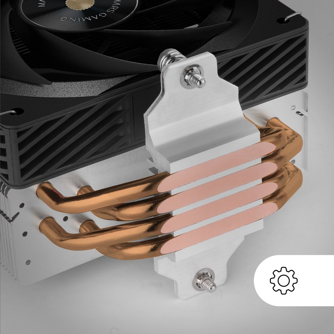Un disipador de CPU con ventilador, tubos de calor de cobre y aletas de aluminio.