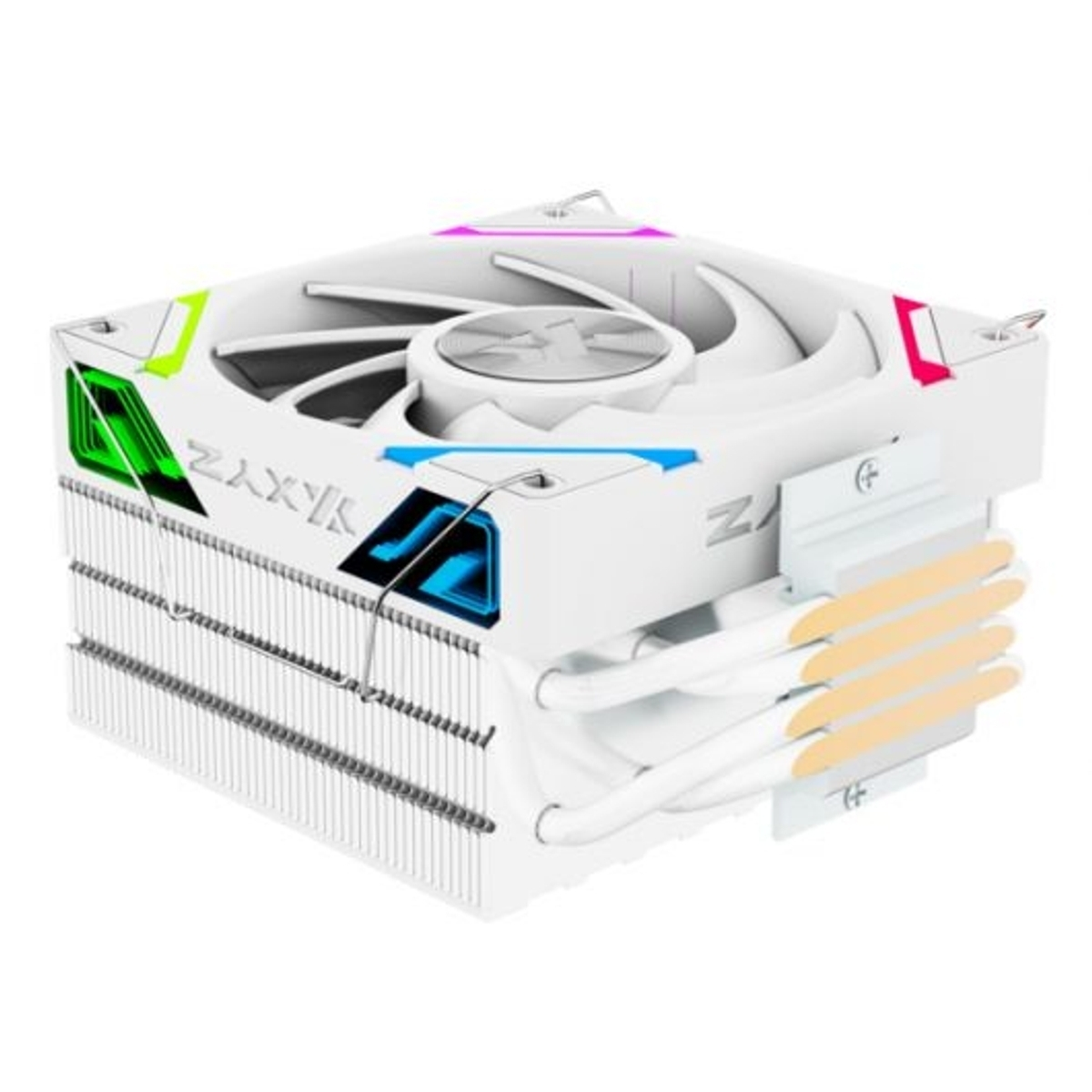 Un dissipatore per CPU bianco con ventola, alette e diversi heatpipe in rame.
