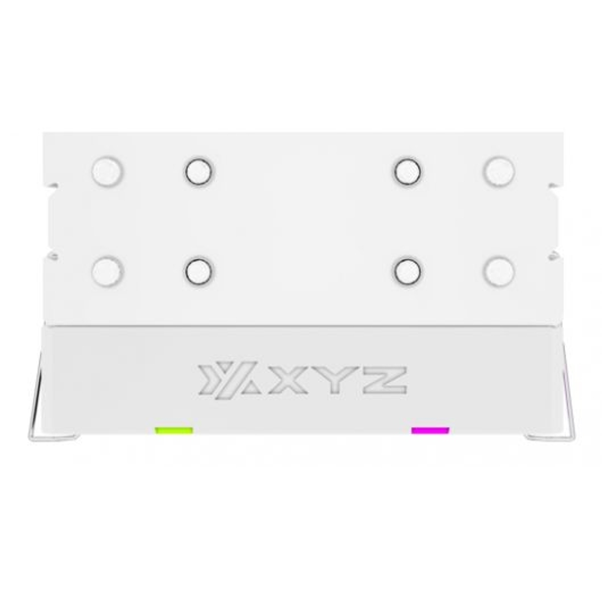 Un dispositivo elettronico bianco con sei cerchi e logo VXYZ. Luci verdi e viola.