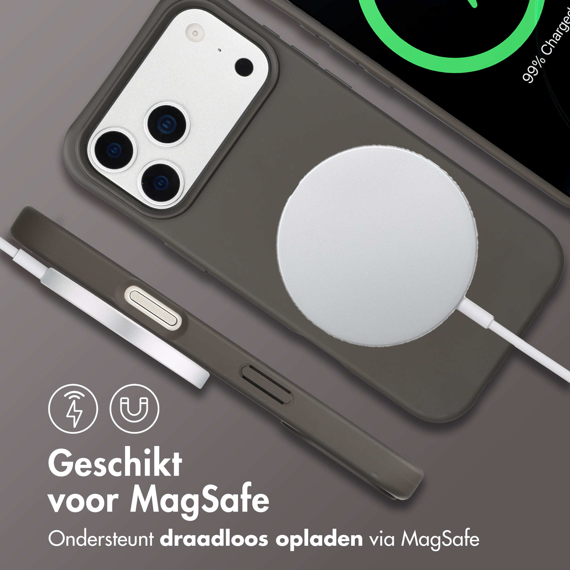 Grijze iPhone hoes met MagSafe lader en drie cameralenzen.