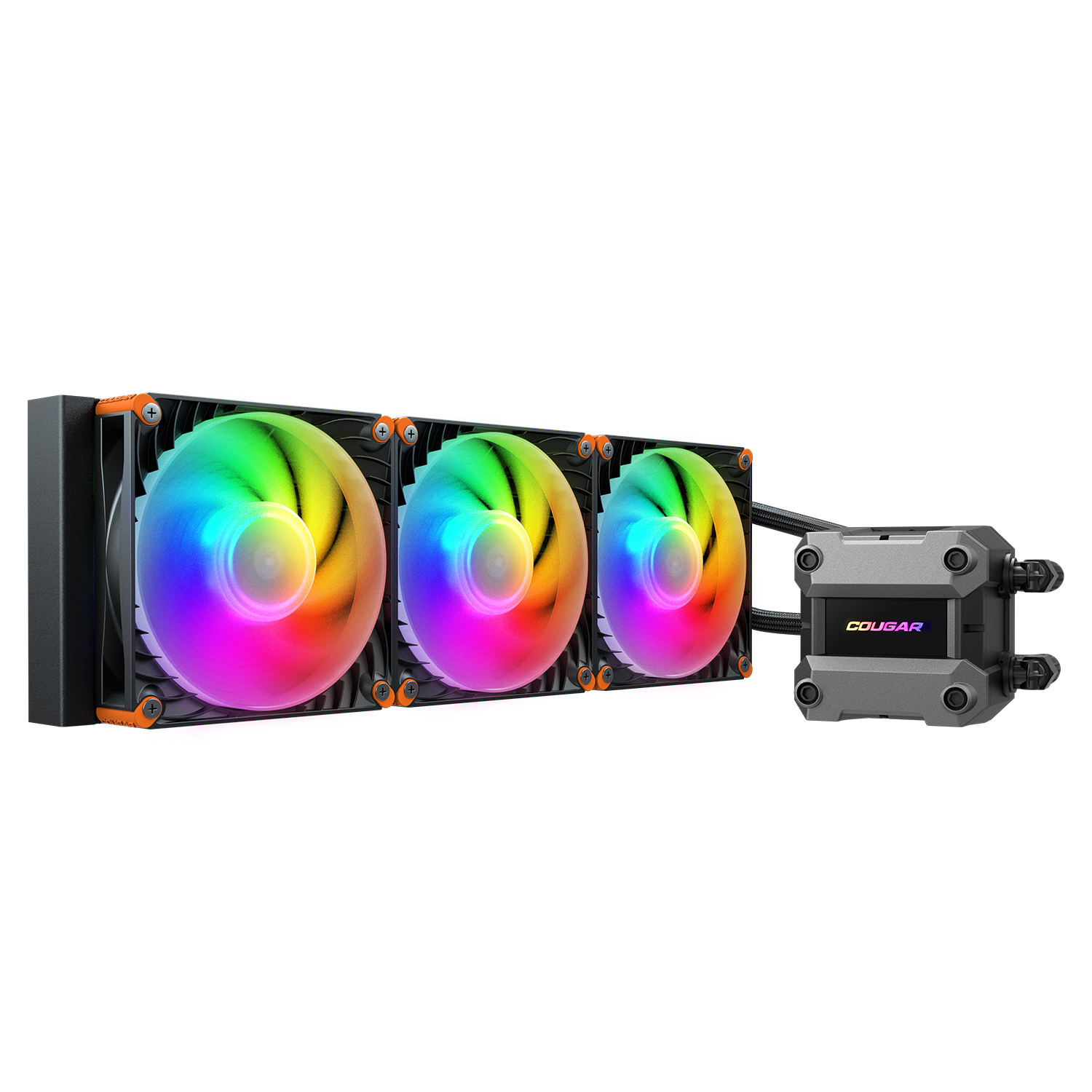 Een grijze CPU-koeler met drie RGB-ventilatoren en een zwarte behuizing.