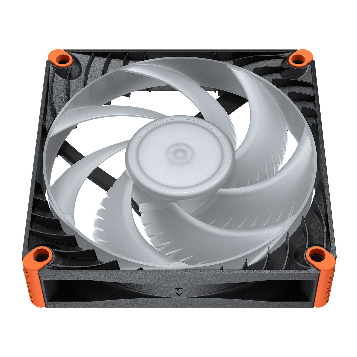 Een zwarte computer ventilator met grijze bladen en oranje hoekaccenten.