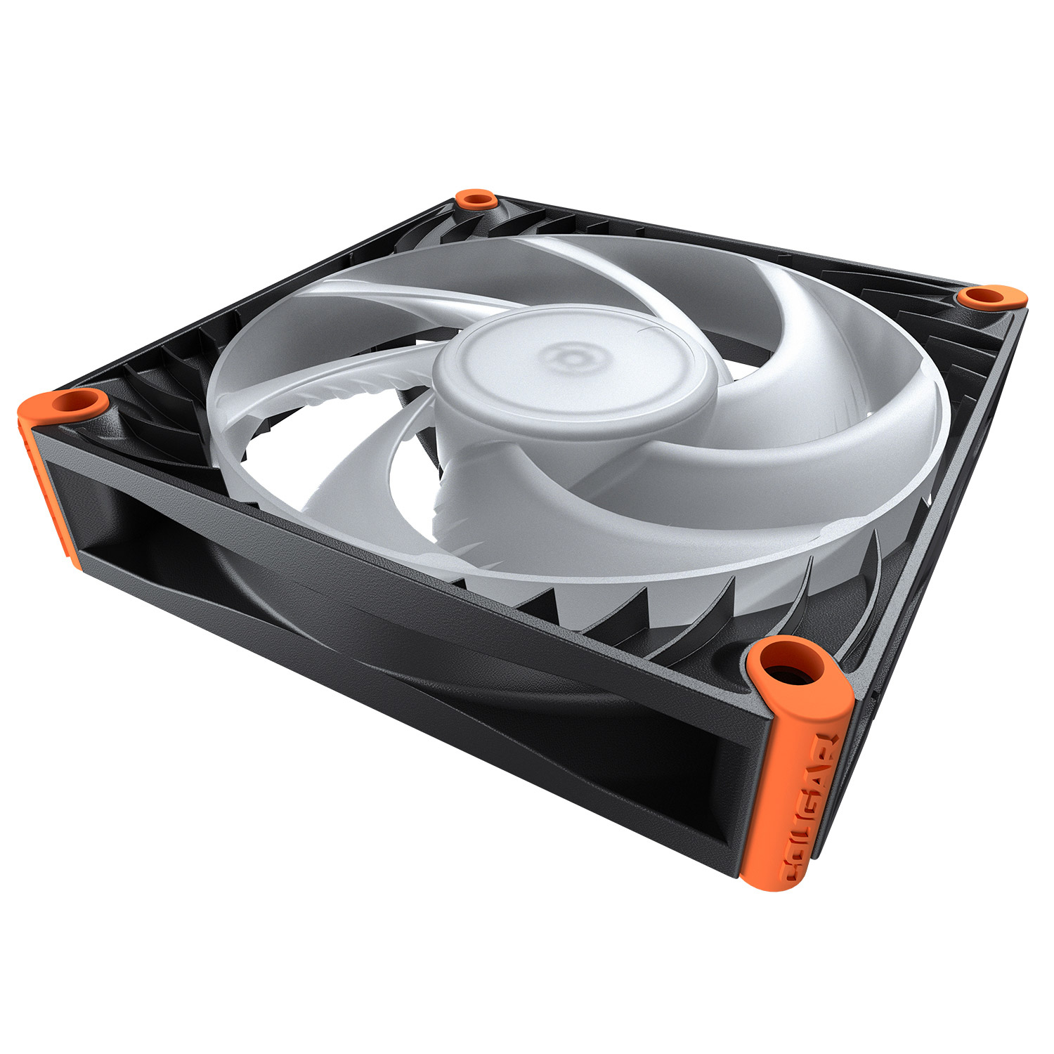 Een zwarte computer ventilator met witte bladen en oranje hoekaccenten.