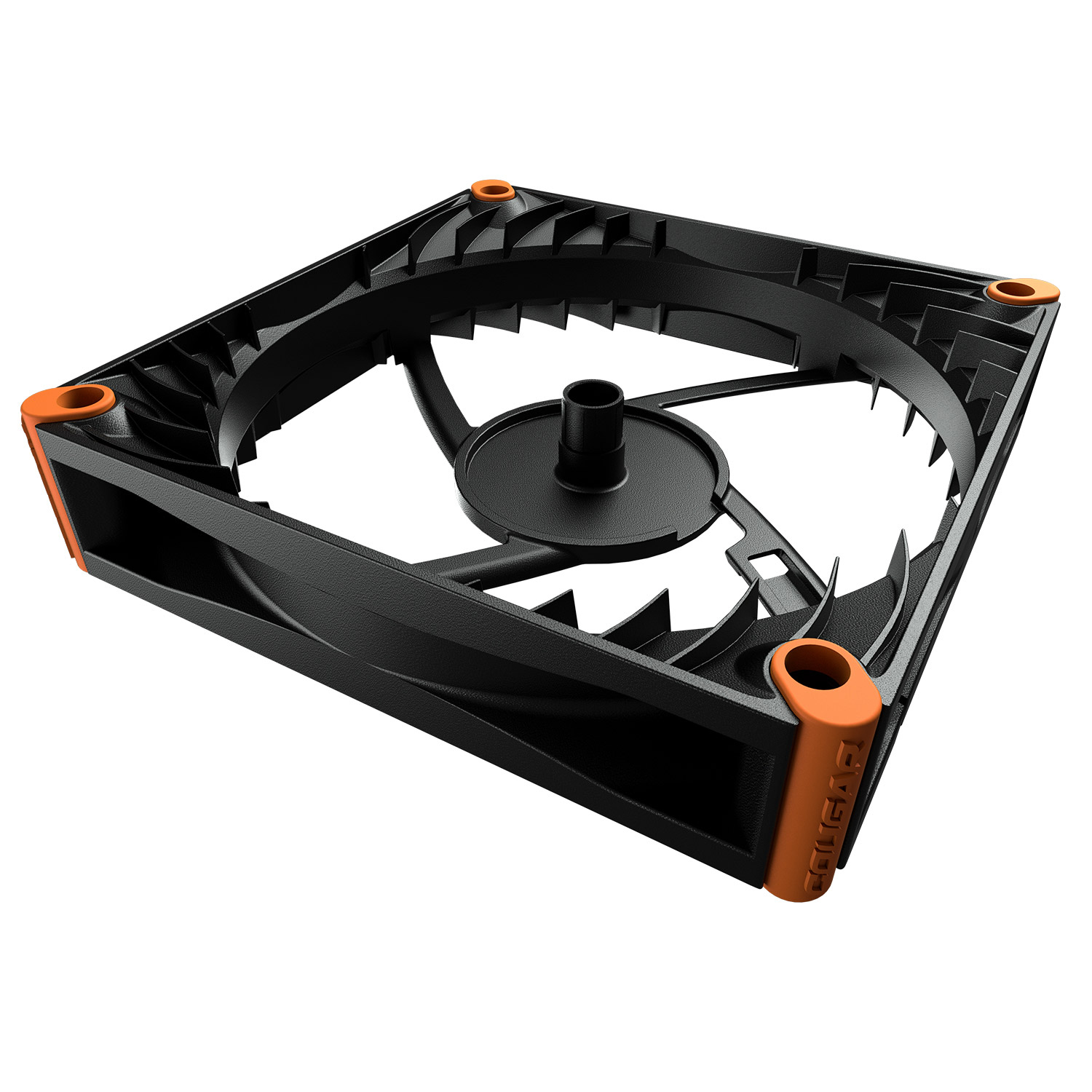 Zwart ventilatorframe met oranje accenten en centrale naafbevestiging.