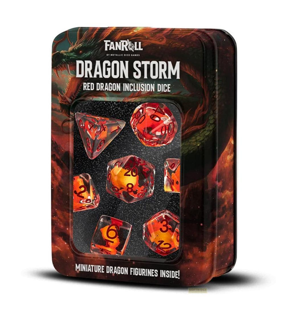 Set di dadi Dragon Storm in latta con design di drago rosso e dadi rossi.