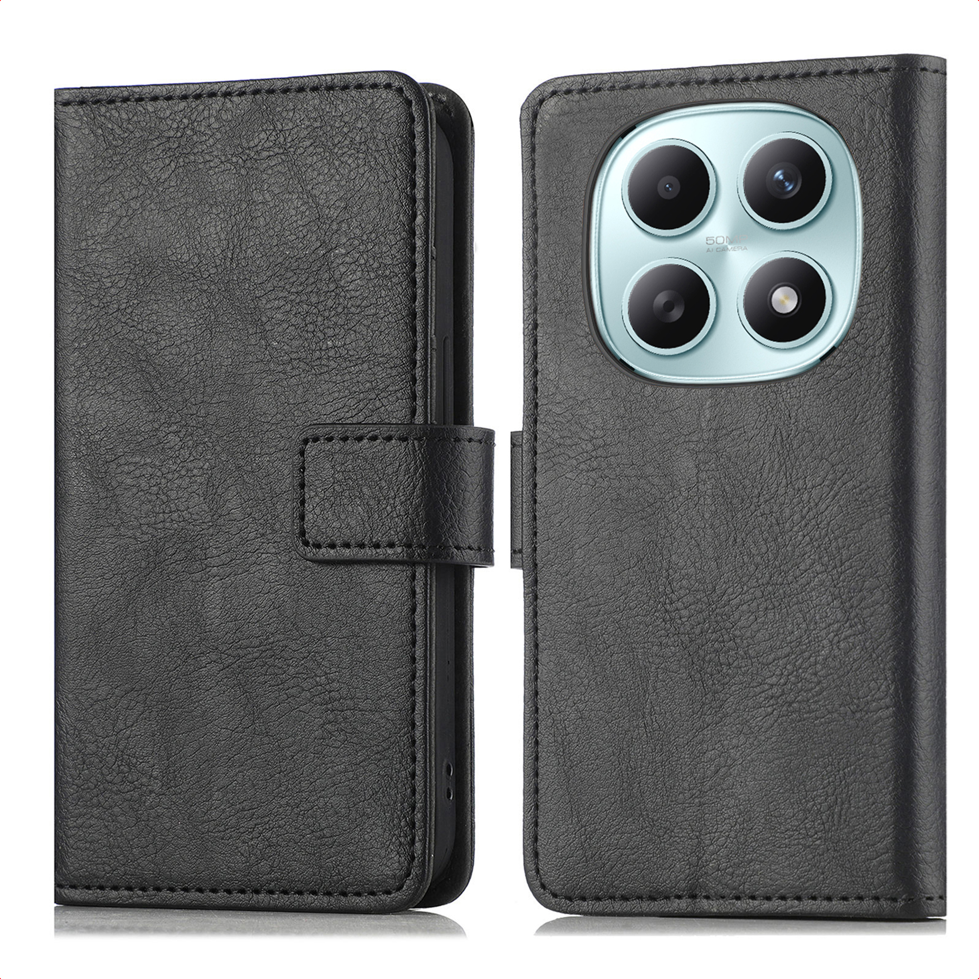 Zwarte leren flipcase met open voorkant en vier camera's aan de achterkant.