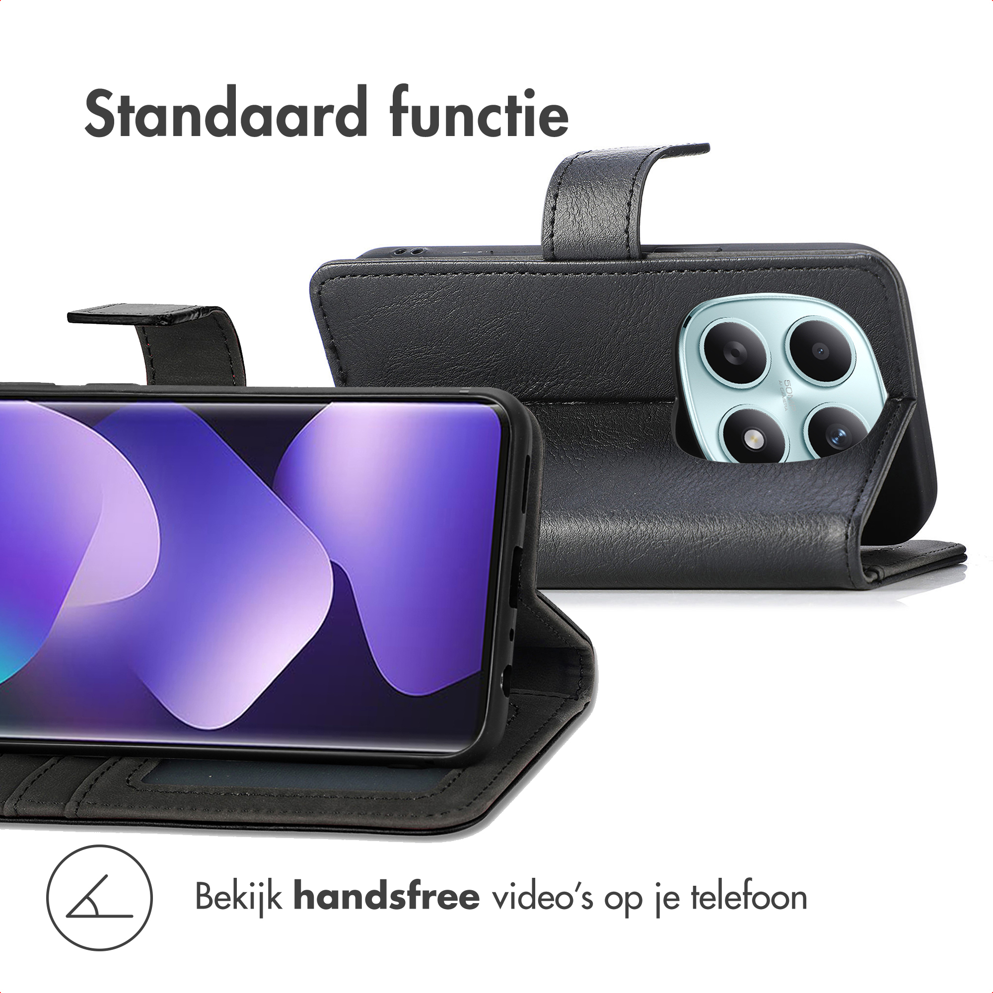 Zwarte telefoon flipcase met standaardfunctie en camera.