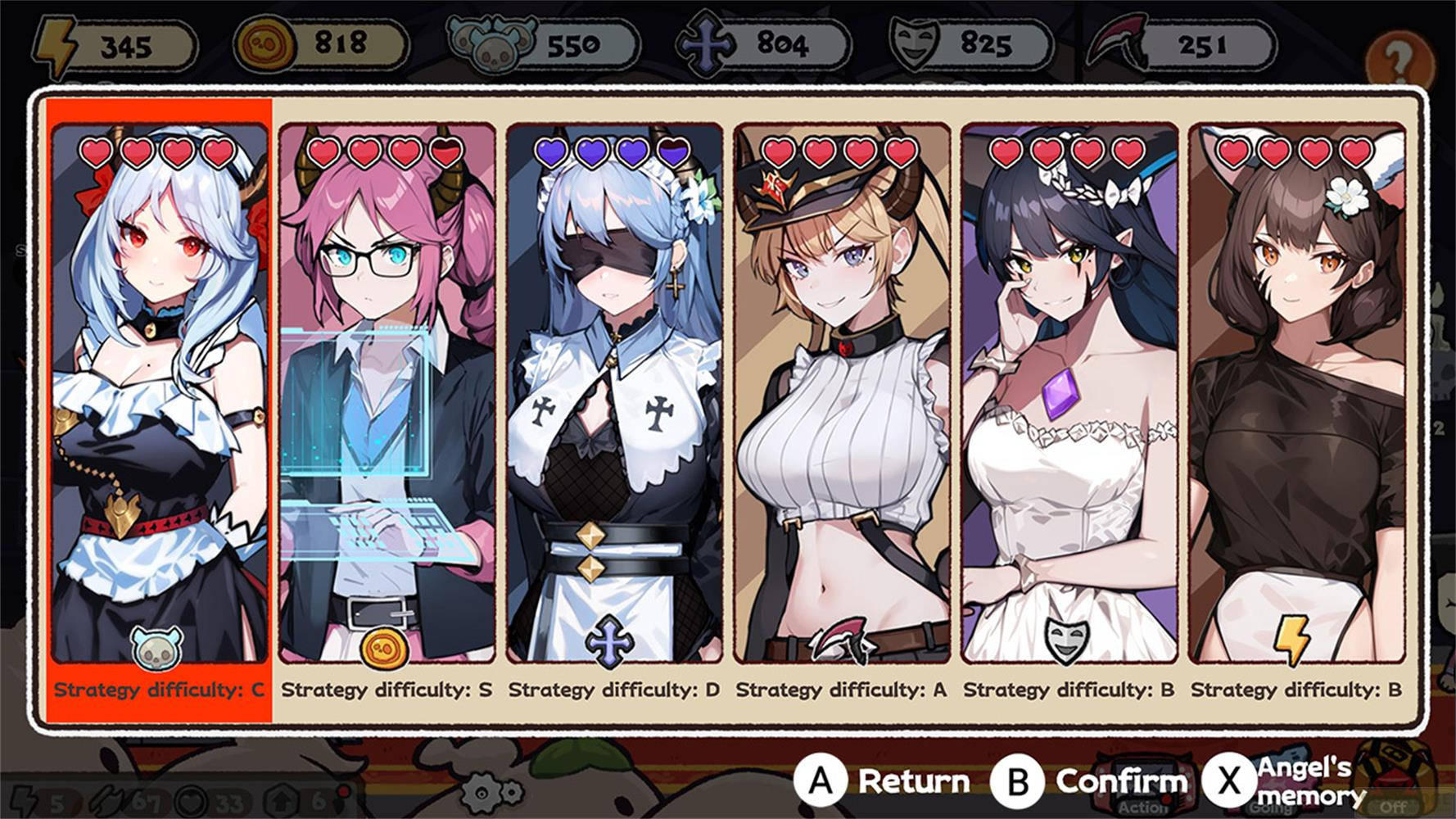 Sei personaggi anime in un menu, con cuori e numeri.