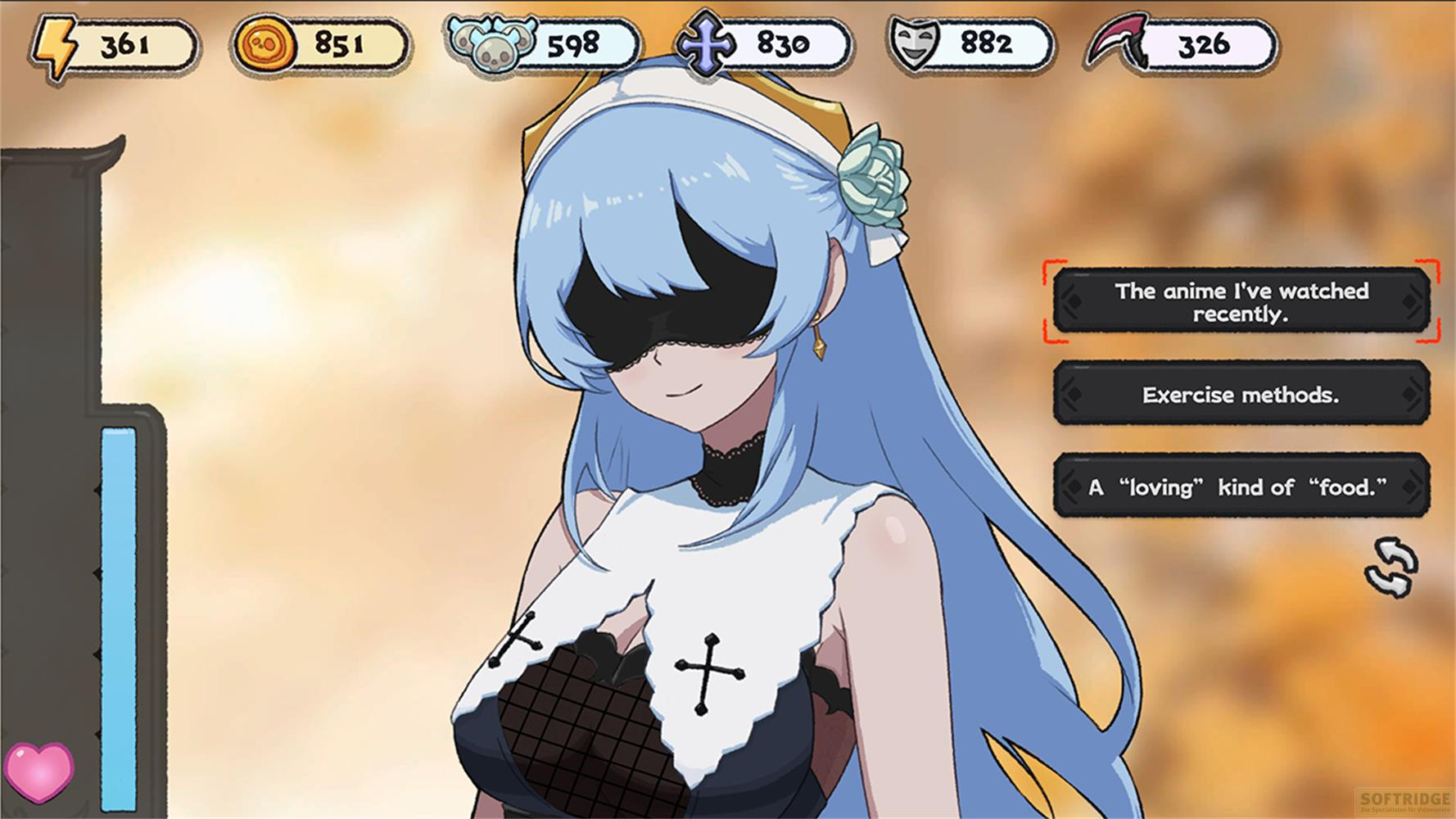 Ragazza anime con capelli blu e maschera per gli occhi nera, menu gioco.