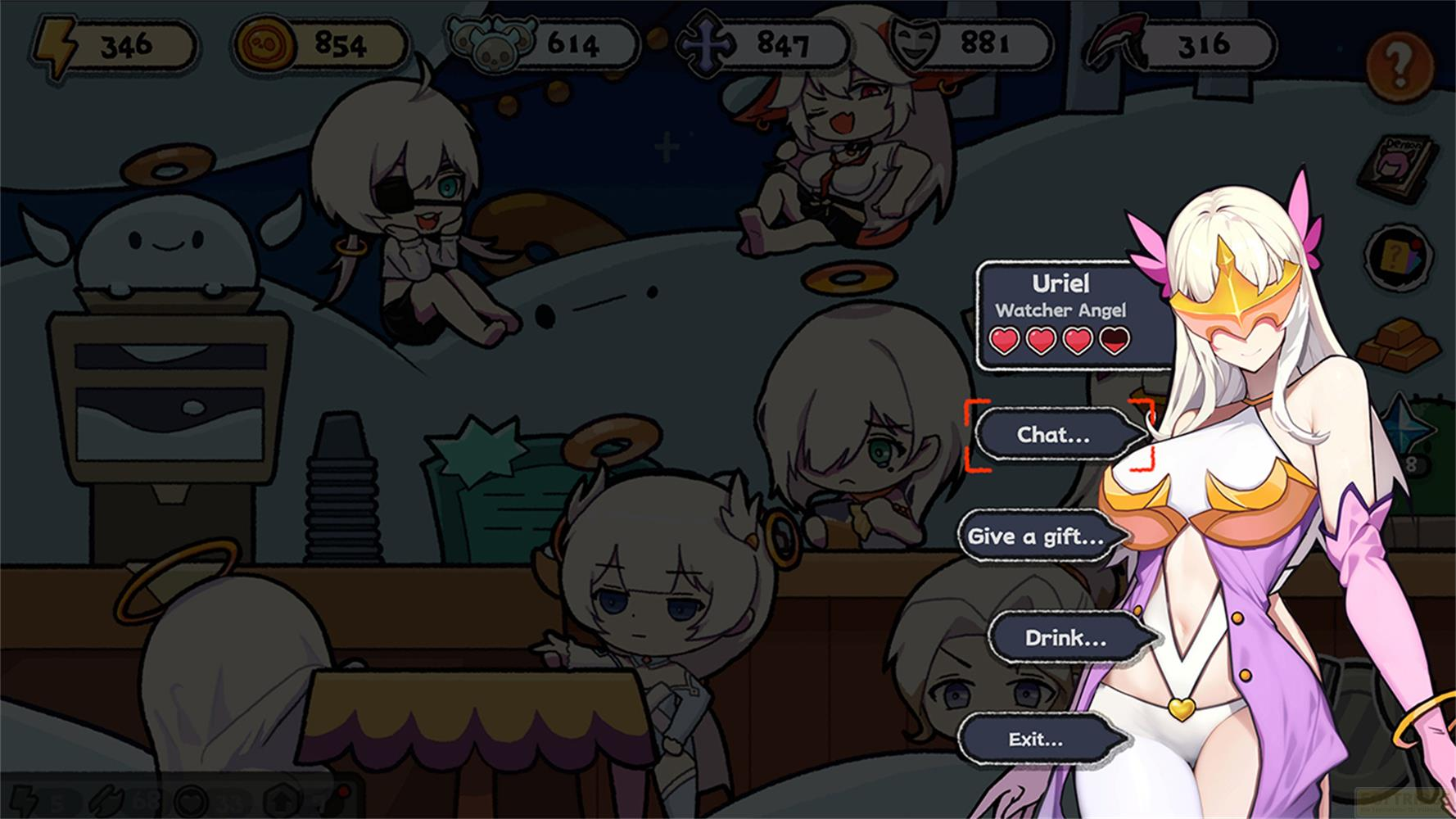 Scena anime con personaggi, una donna in primo piano con opzioni di menu.