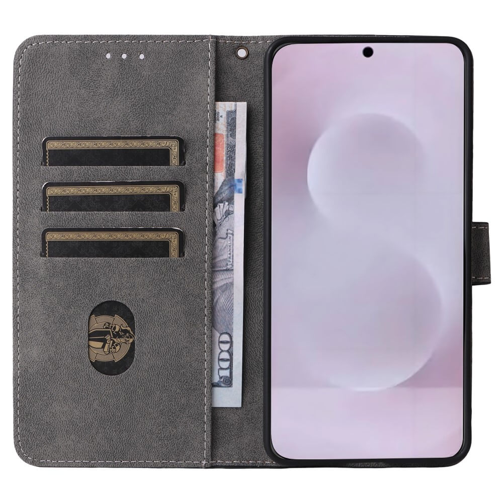 Custodia a libro grigia per cellulare con portacarte e banconota.