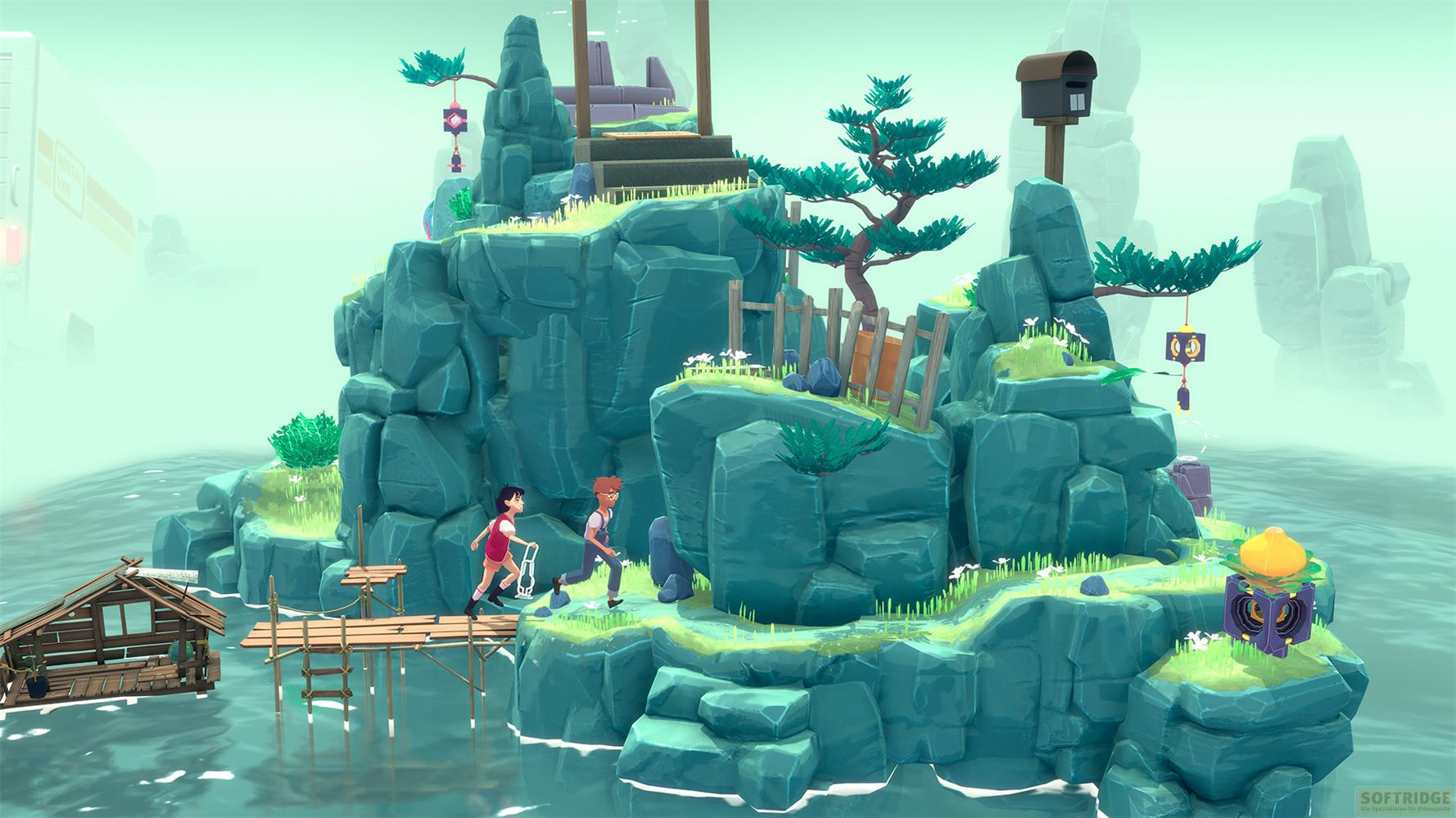 Due bambini su un'isola rocciosa con una casa di legno e un molo.