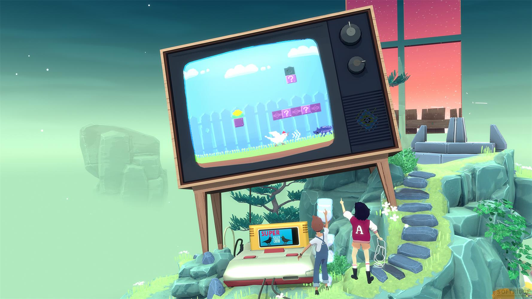 Due bambini giocano a un videogioco retrò su una vecchia console posta su uno sperone roccioso.