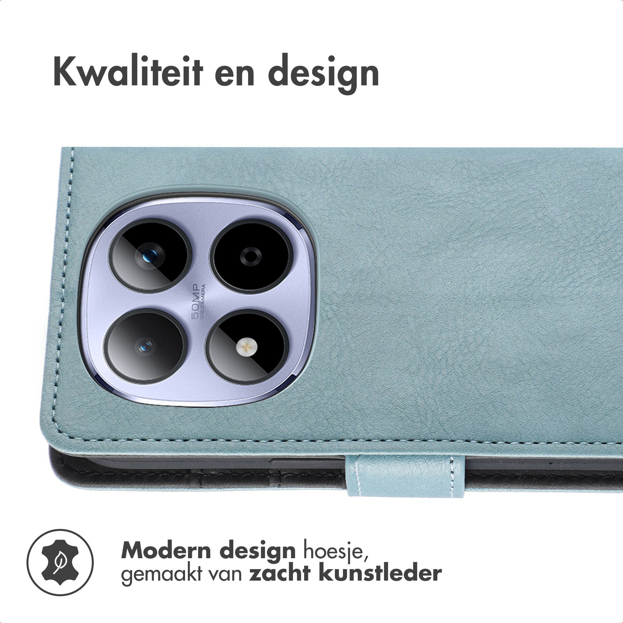 Coque de téléphone bleu clair avec appareil photo 50MP et texture.