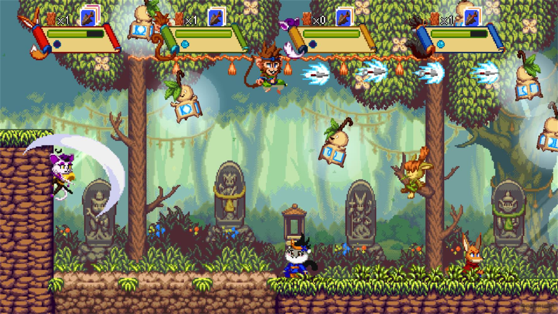 Gioco cartoon nella giungla con personaggi antropomorfi e statue mistiche.