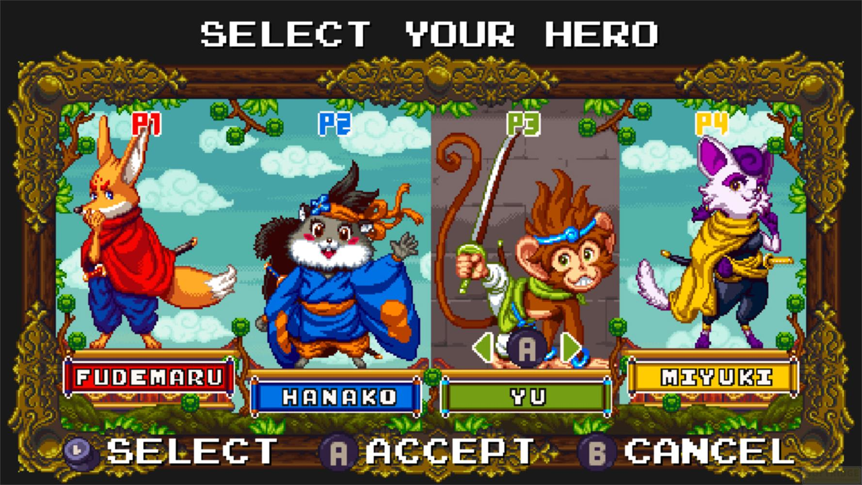Schermata di selezione personaggio videogioco: volpe, procione, scimmia, gatto.