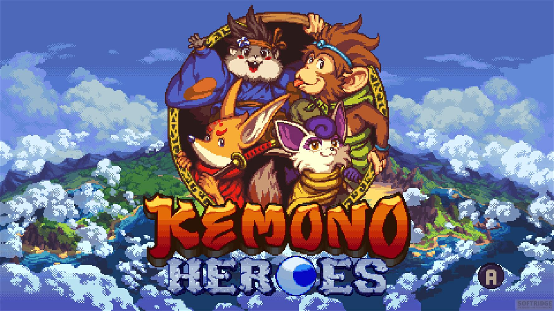 Quattro personaggi antropomorfi con un logo di gioco su sfondo di nuvole e montagne.