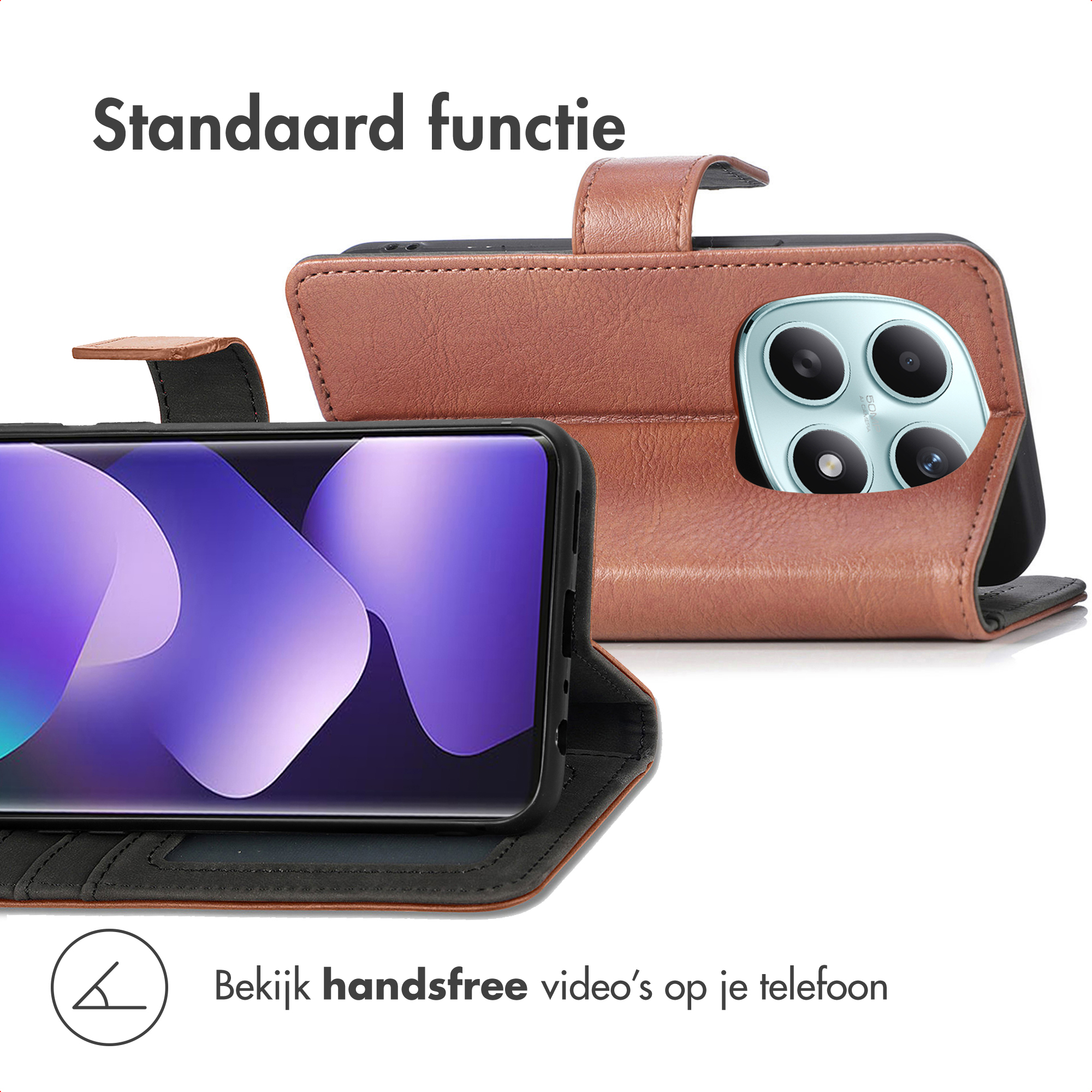 Bruine leren flip case voor smartphone met standaardfunctie.
