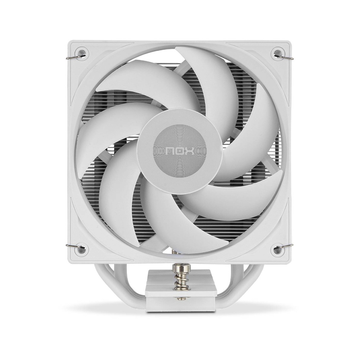Een witte CPU-koeler met ventilator en koelribben, gemonteerd op een basis.