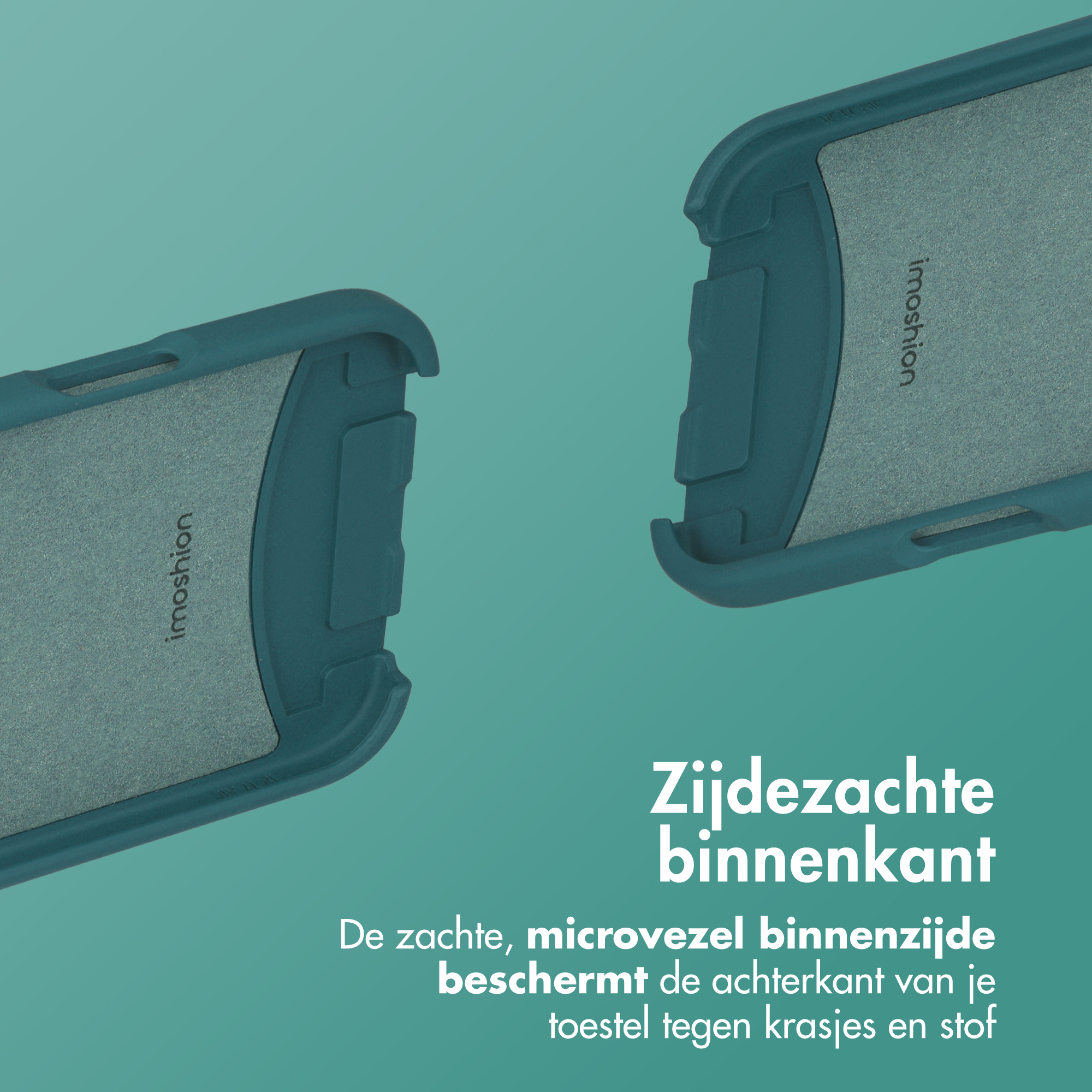 Twee teal telefoonhoesjes met zachte voering op teal achtergrond.