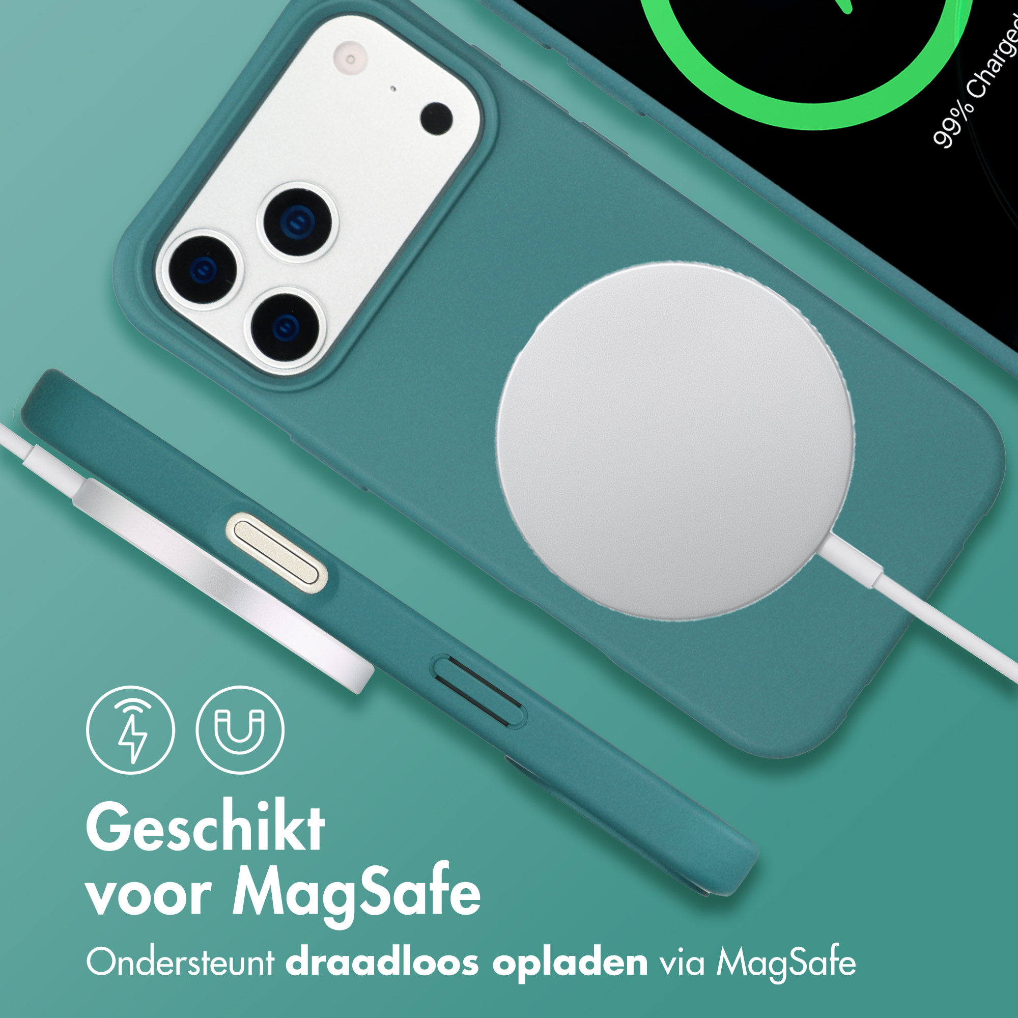 Turquoise iPhone hoesje met MagSafe lader en iconen. Tekst: Geschikt voor MagSafe.