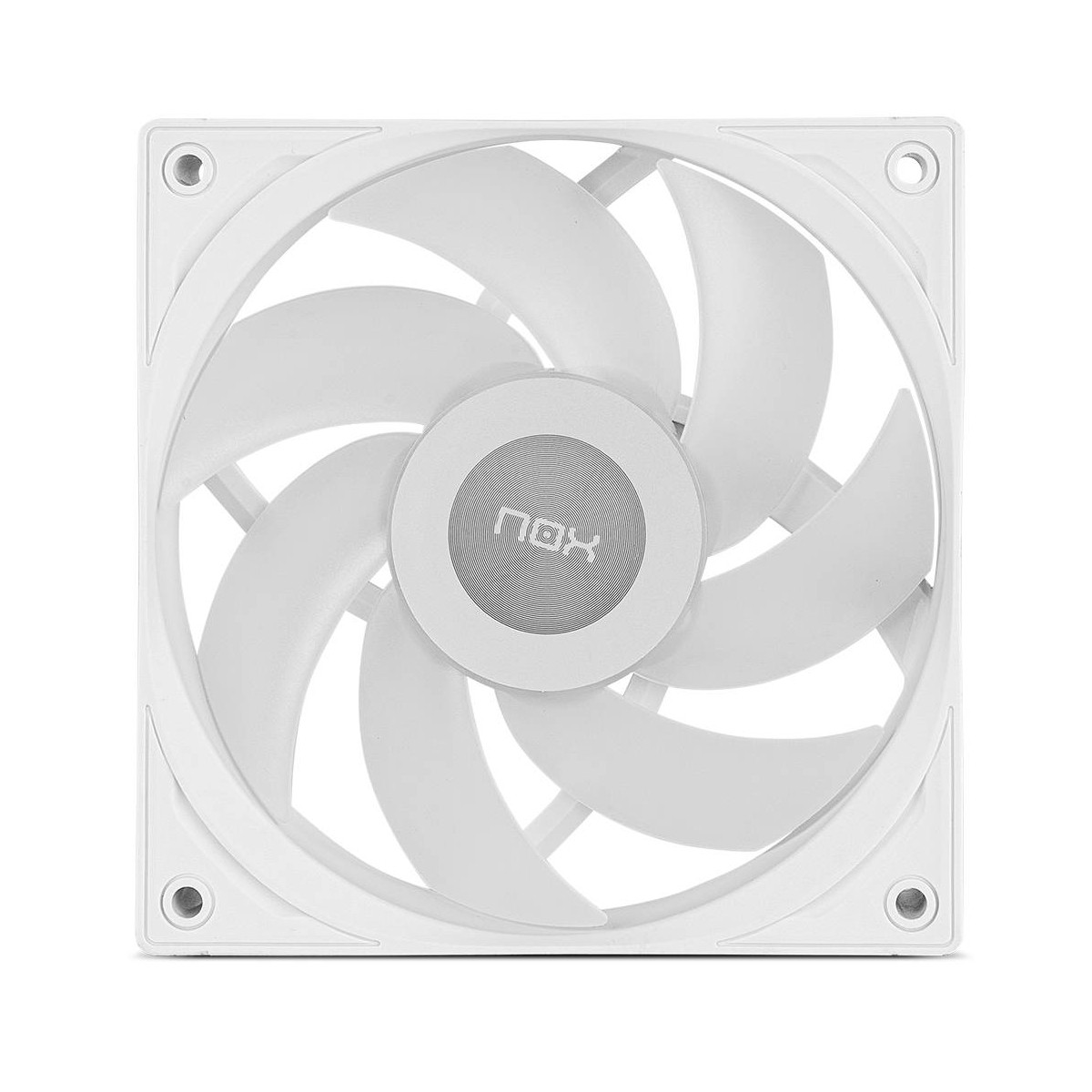 Een witte computer ventilator met negen bladen en centraal logo.