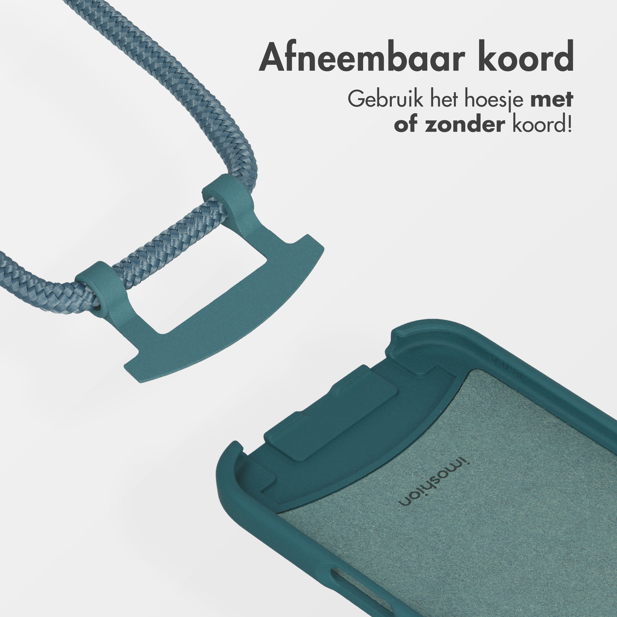 Een afneembaar koord en telefoonhoesje in de kleur turkoois.