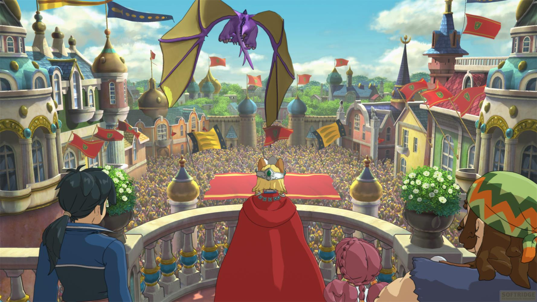 Un dragon violet vole au-dessus d'une foule en liesse devant une ville colorée.