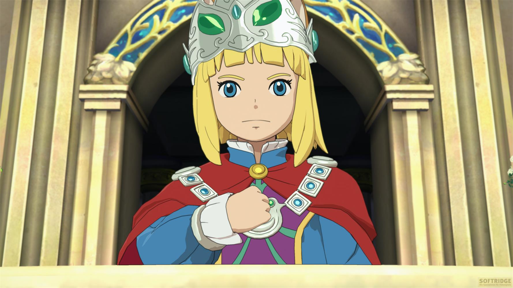 Un jeune personnage aux cheveux blonds et une couronne porte une robe rouge.