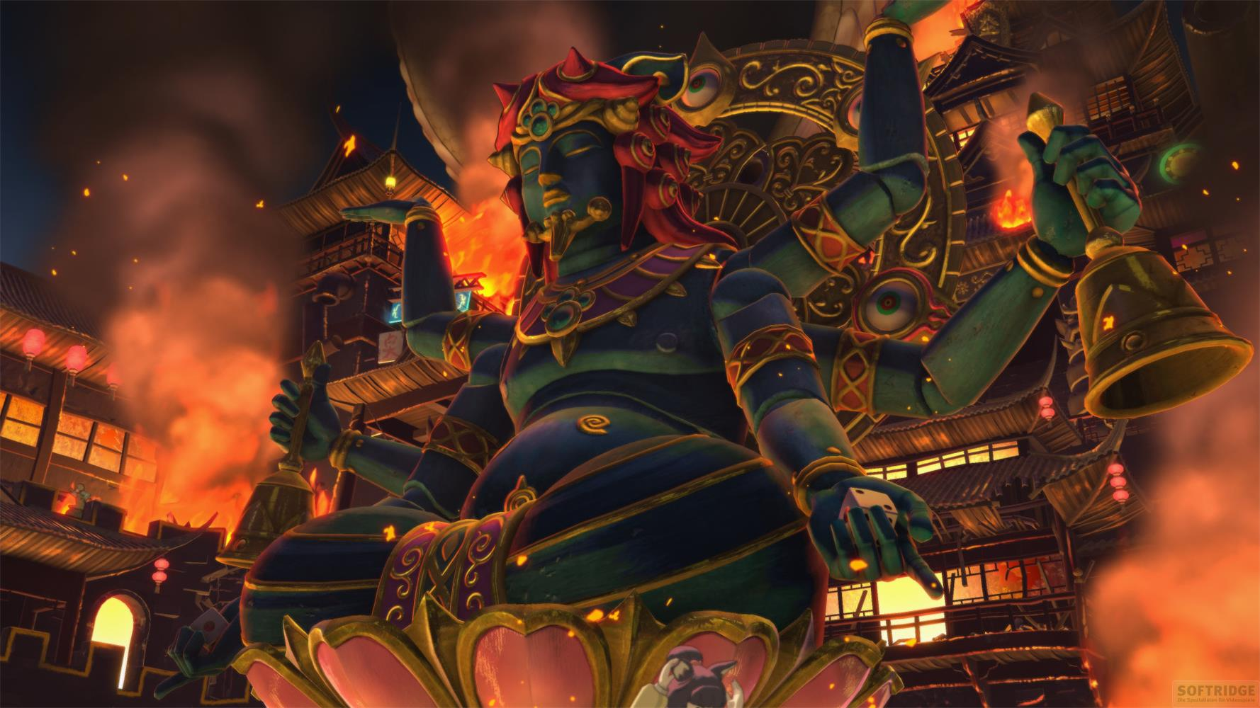 Une divinité verte aux multiples bras est assise sur une fleur de lotus devant des bâtiments en feu.