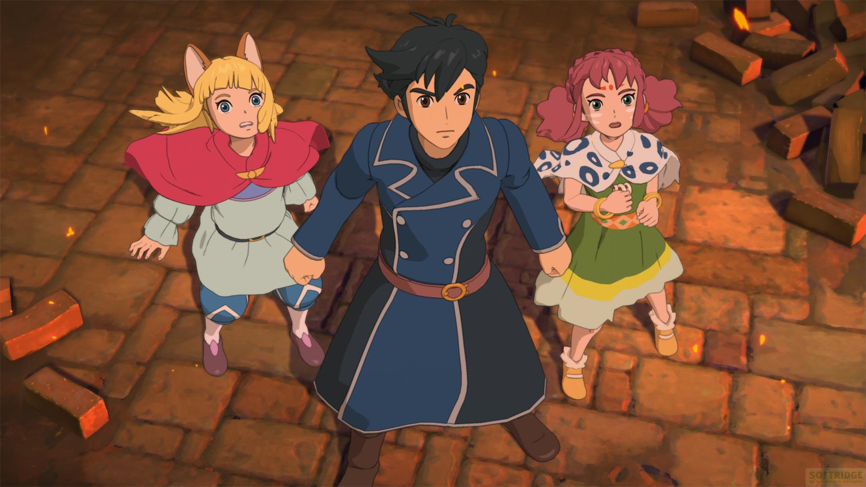 Trois personnages d'anime se tiennent sur un sol en pierre avec des bûches.