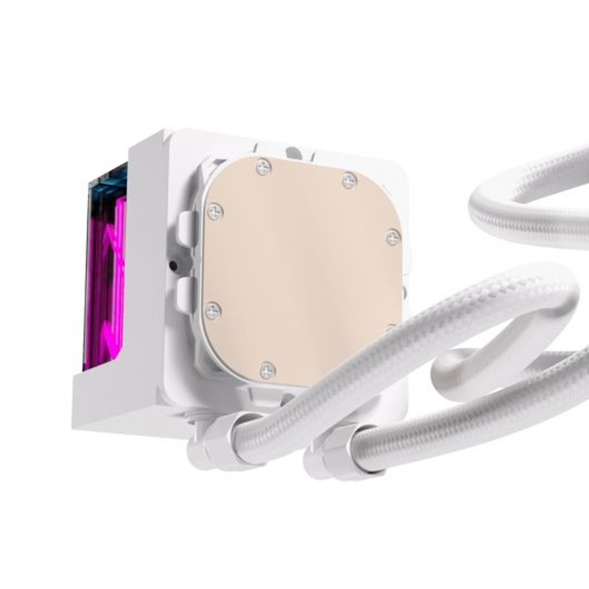 Un enfriador de CPU blanco con placa de color cobre e iluminación RGB.