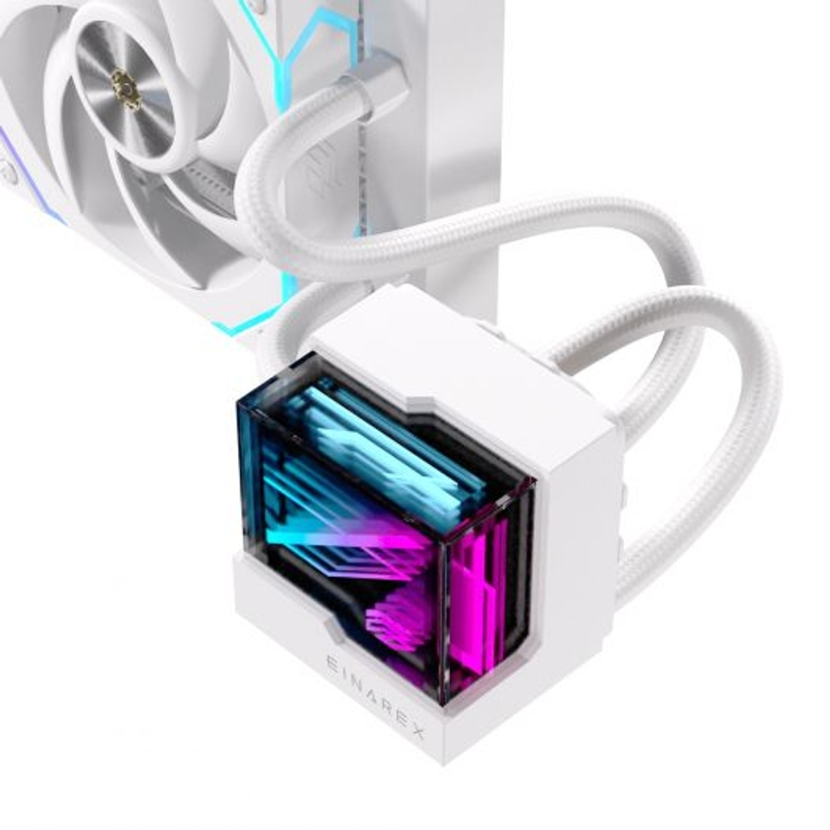Unidad de refrigeración CPU blanca con luces LED azul y rosa y mangueras.