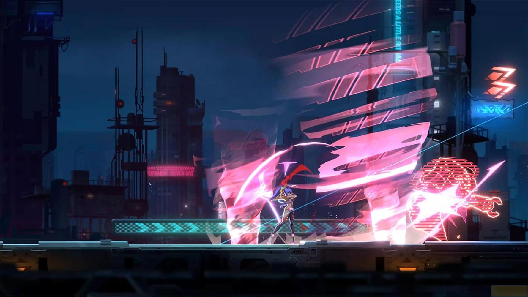 Una donna combatte in una città futuristica con effetti di energia rosa.