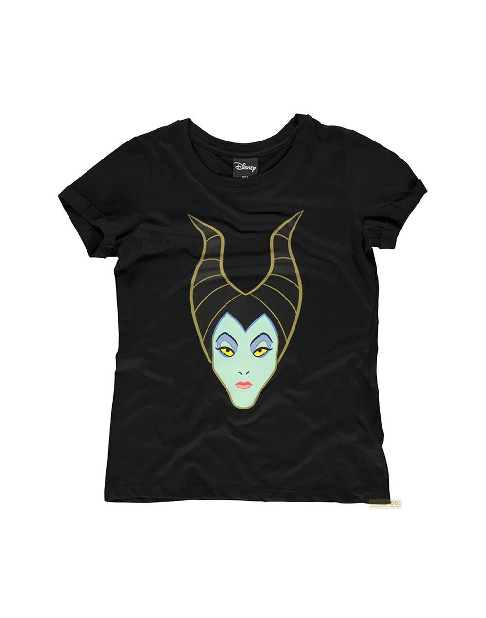 Schwarzes T-Shirt mit Malefiz-Gesicht und Hörnern.